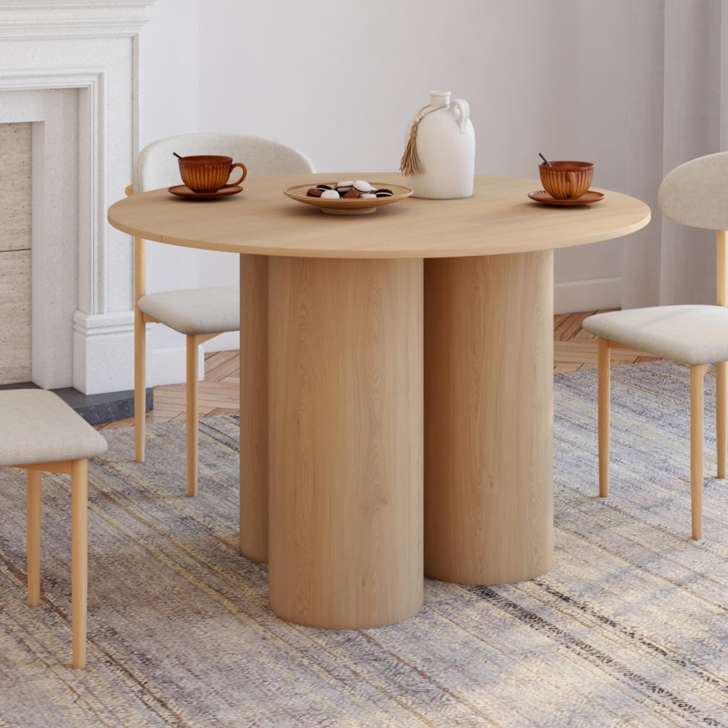 IDMarket Eloise - Mesa de comedor redonda (110 cm), diseño de pie central cilíndrico para 6 personas de haya