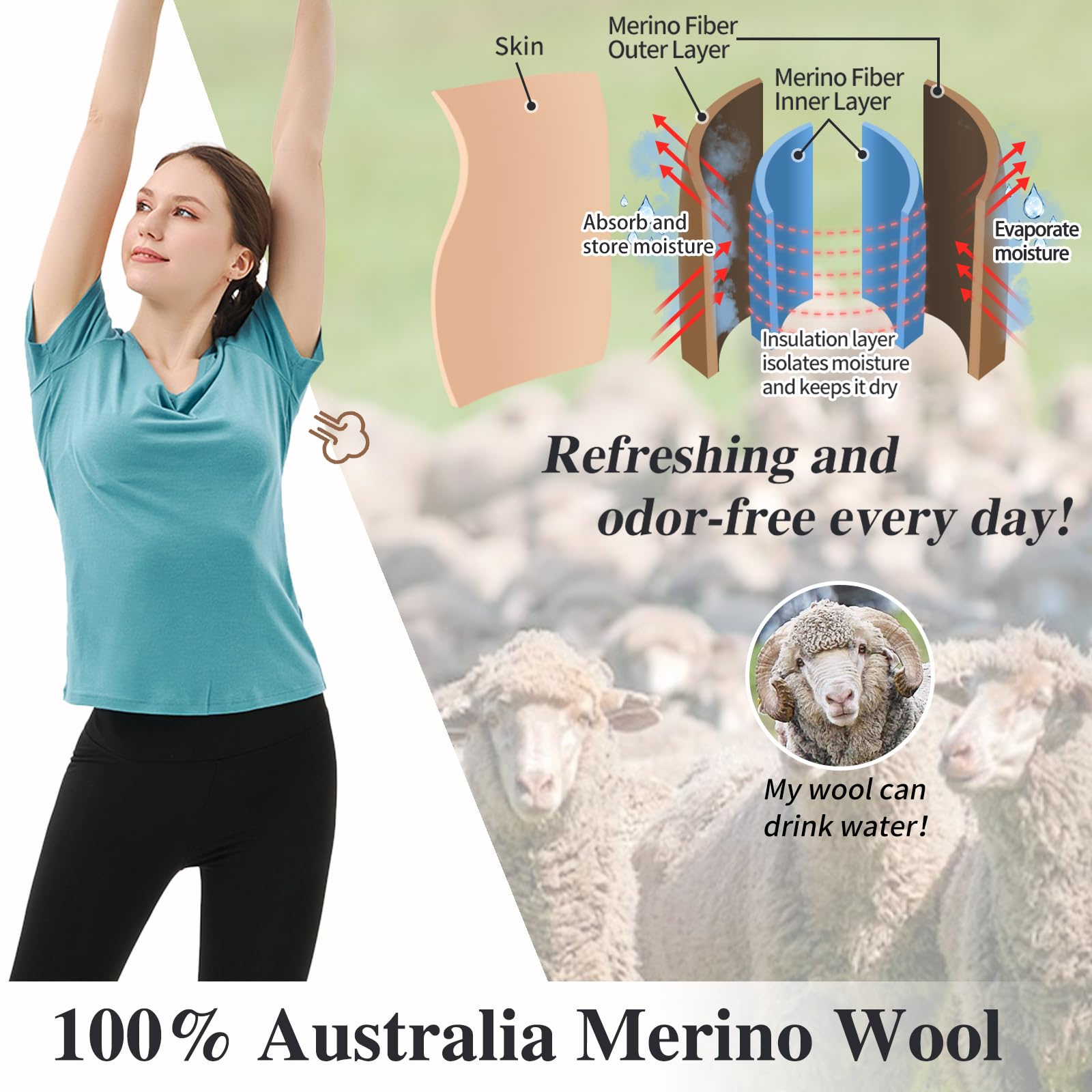 Merino Protect 100% Laine Merinos T-Shirts Femme Col V Manches Courtes sous Vetement Résistance Odeur Couche Base pour Voyage Randonnée Tshirt