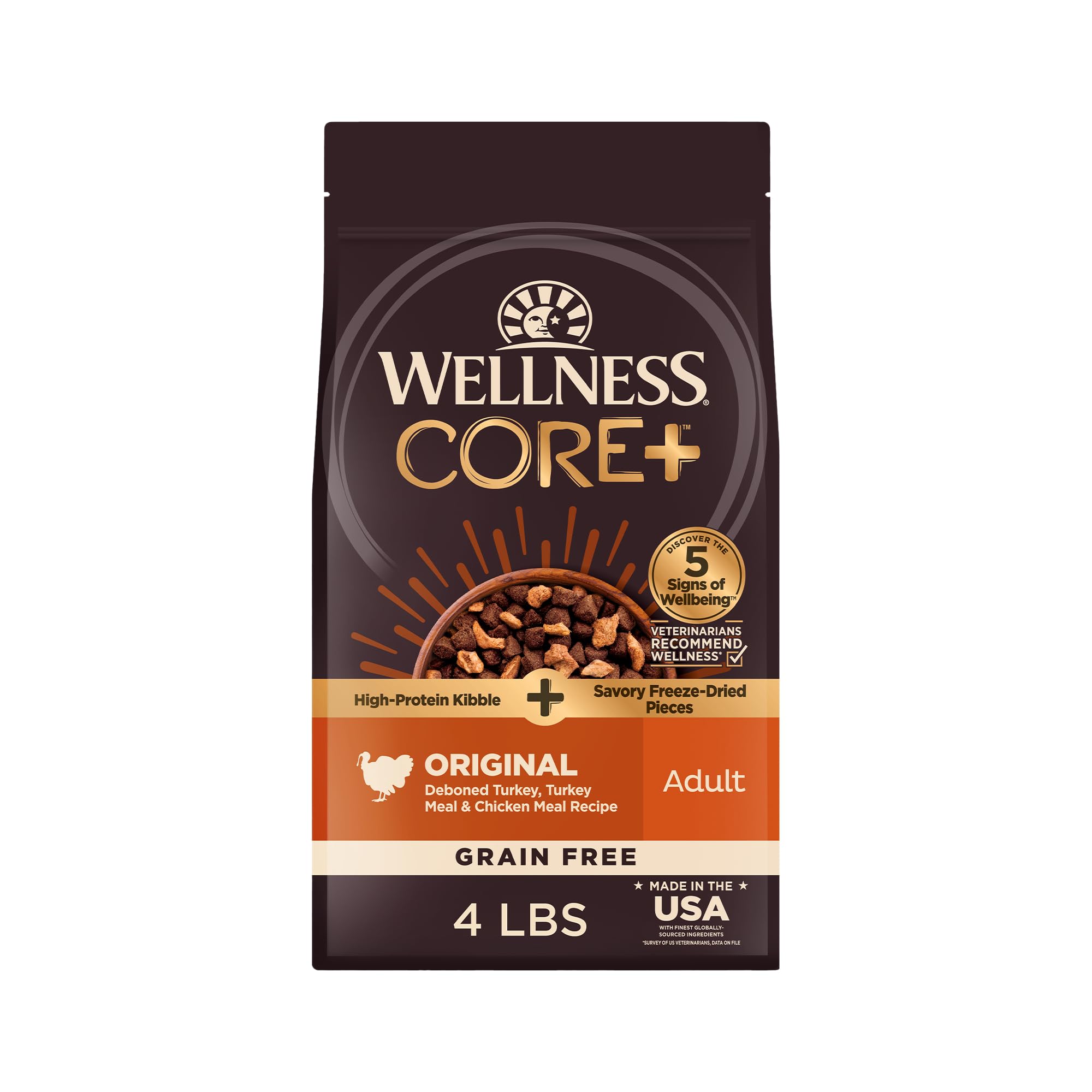Wellness CORE+ Adult Dry Dog Food with Freeze Dried Pieces, Grain Free  Kibble+, Natural, High Protein, Turkey and Chicken Recipe, 4 lb Bag: Pet  Supplies: Amazon.com