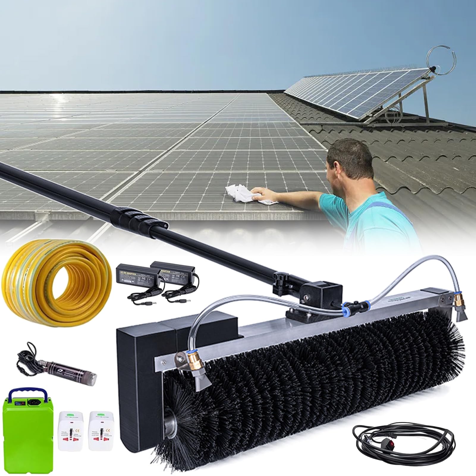 YNBSHGAA Adjustable Telescopic Solar Panel Cleaning Brush with Soft Bristle Roller, 11.4-24.6ft Extension Pole for Billboards and Glass Cleaning