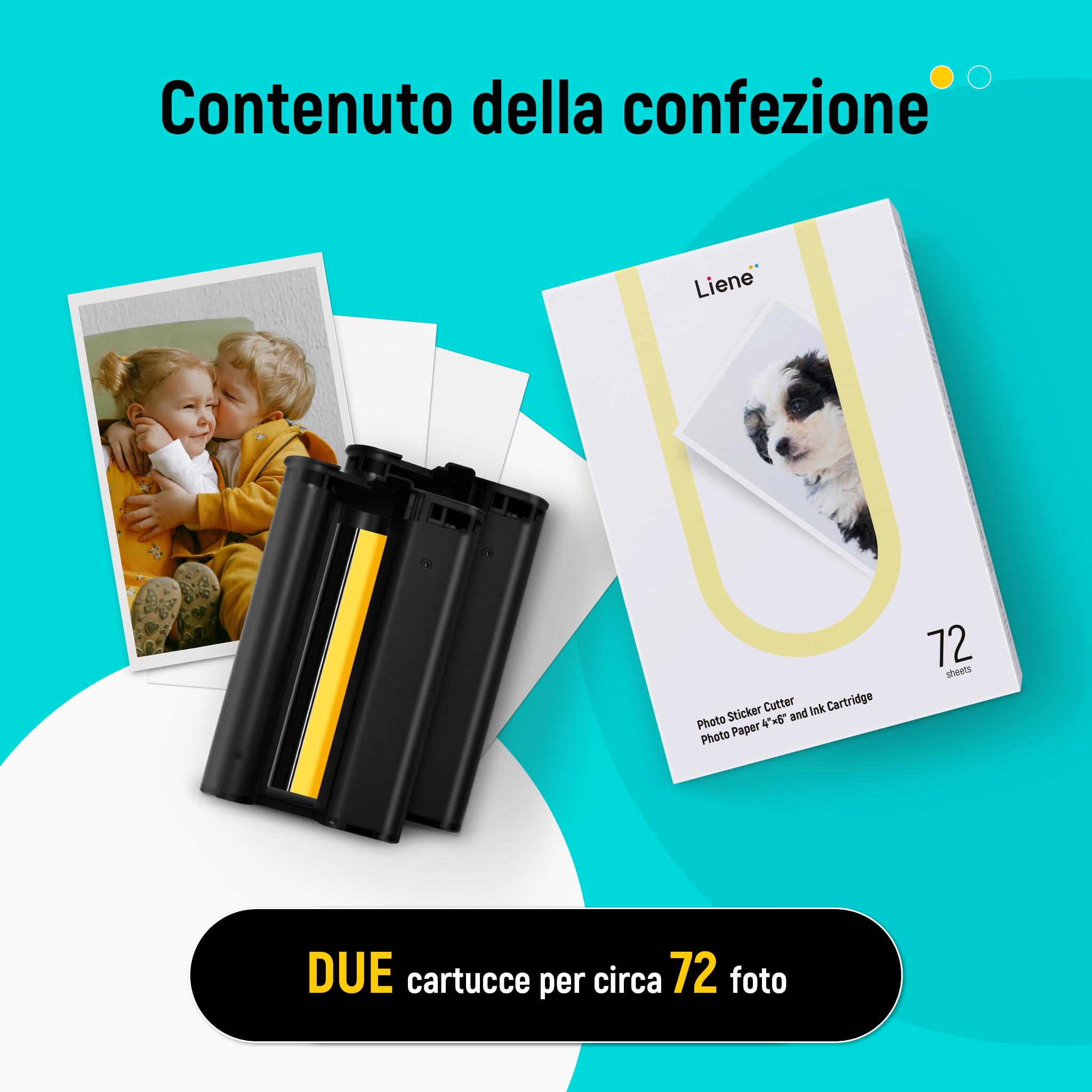 Liene Carta Fotografica & Cartucce - 2 ricariche & 72 fogli 10x15 cm, Sublimazione termica, resistente ad acqua & ossidazione, compatibile con Liene PixCut S1
