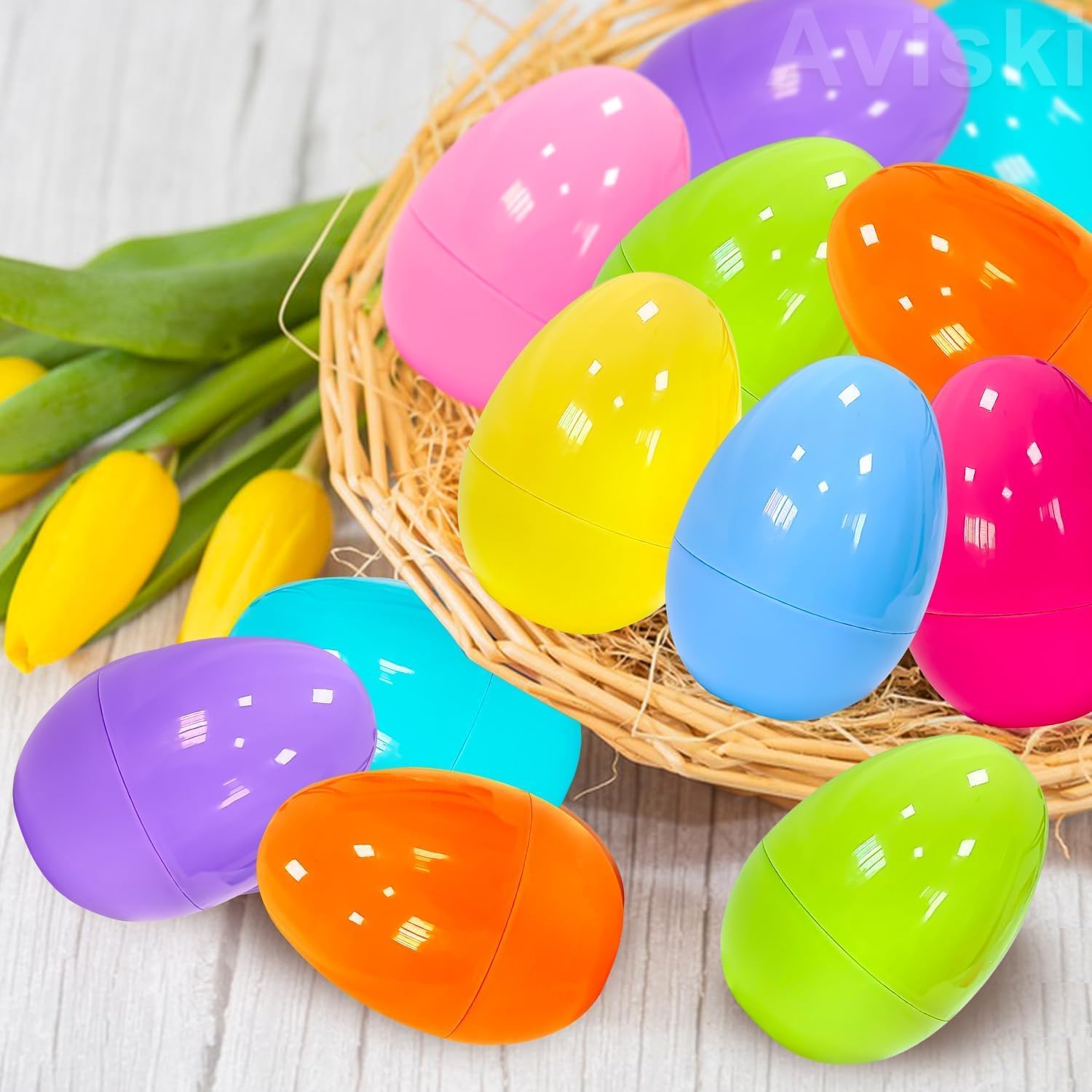 1000Pcs 2.36inch Colorful Easter Plastic Eggs for Kids Egg Hunt Basket Bag Empty Stuffers Fillers with 8pcs Cute Non Woven Bags, Toys Filling Treats and Easter Theme Party Supplies Favor