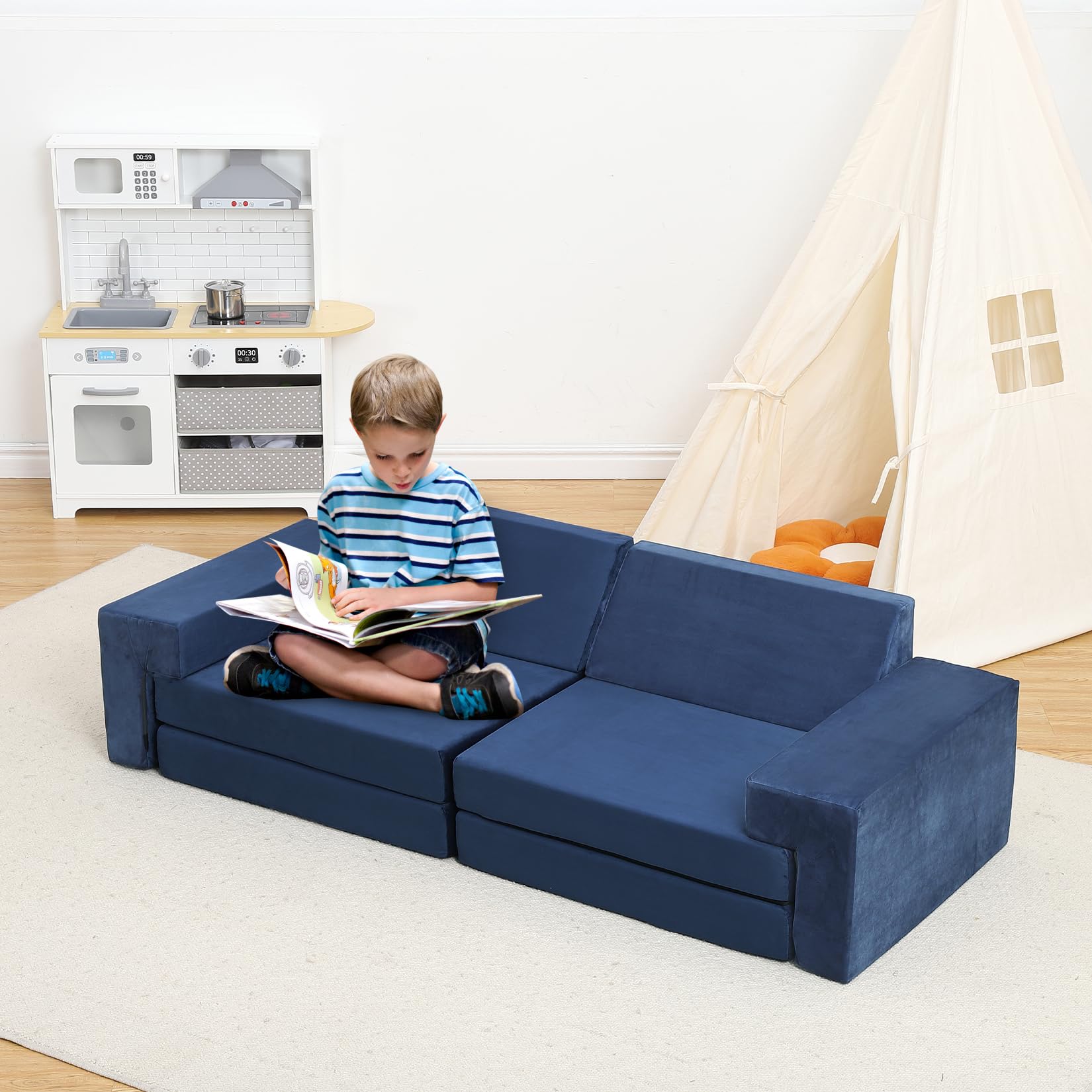 GarveeHome Modulares 8-teiliges Kindersofa-Set – Hochdichter Schaumstoff, wandelbares Polstermöbel – Abnehmbare Bezüge, langlebig & stilvoll für Jungen & Mädchen, Kinderzimmer, Dunkelblau