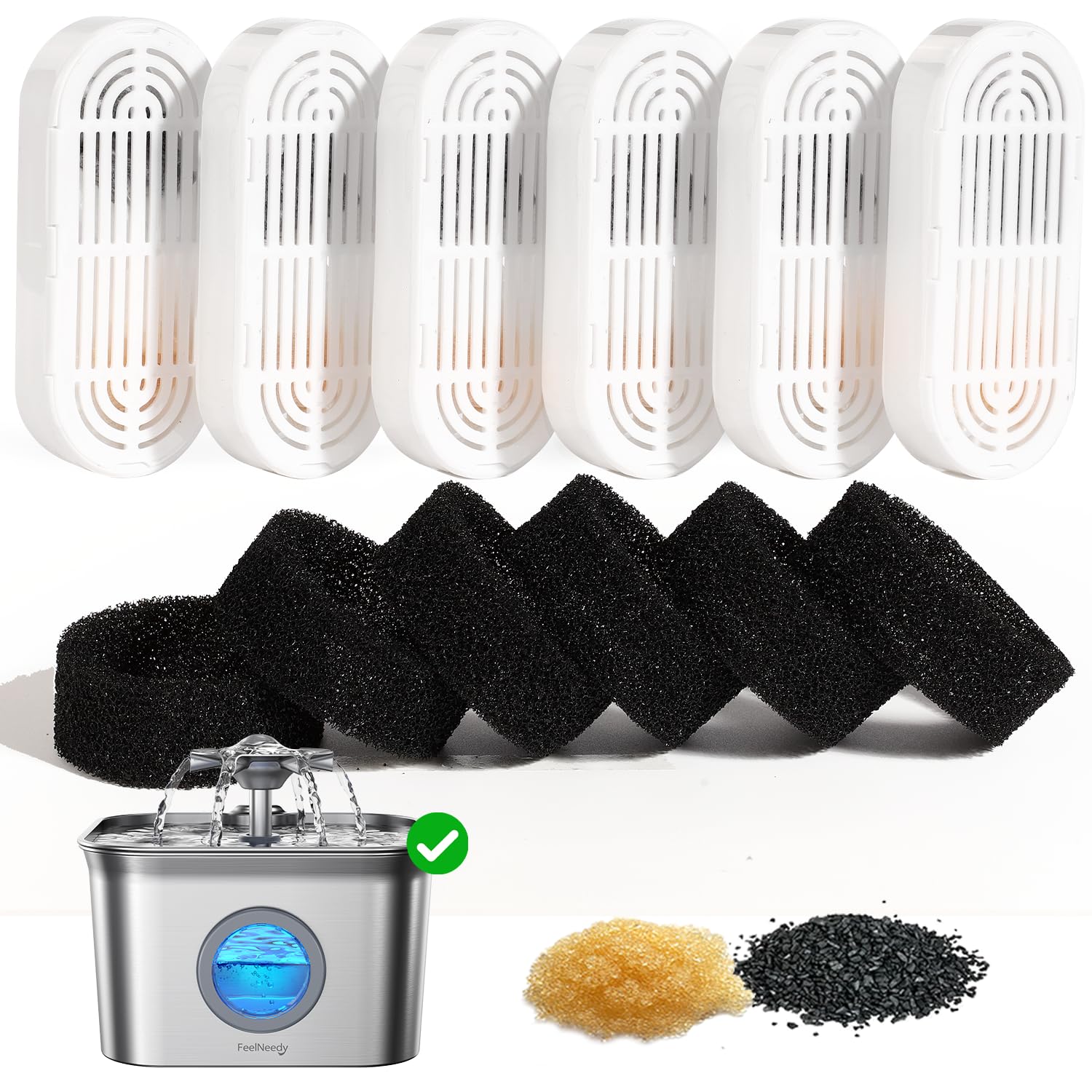 6 Pacchetti di Filtri e 6 Pacchetti di Spugne di Ricambio per Fontana d'Acqua per Gatti, Filtro per Fontana per Gatti in Acciaio Inox da 2,8L FN-W22