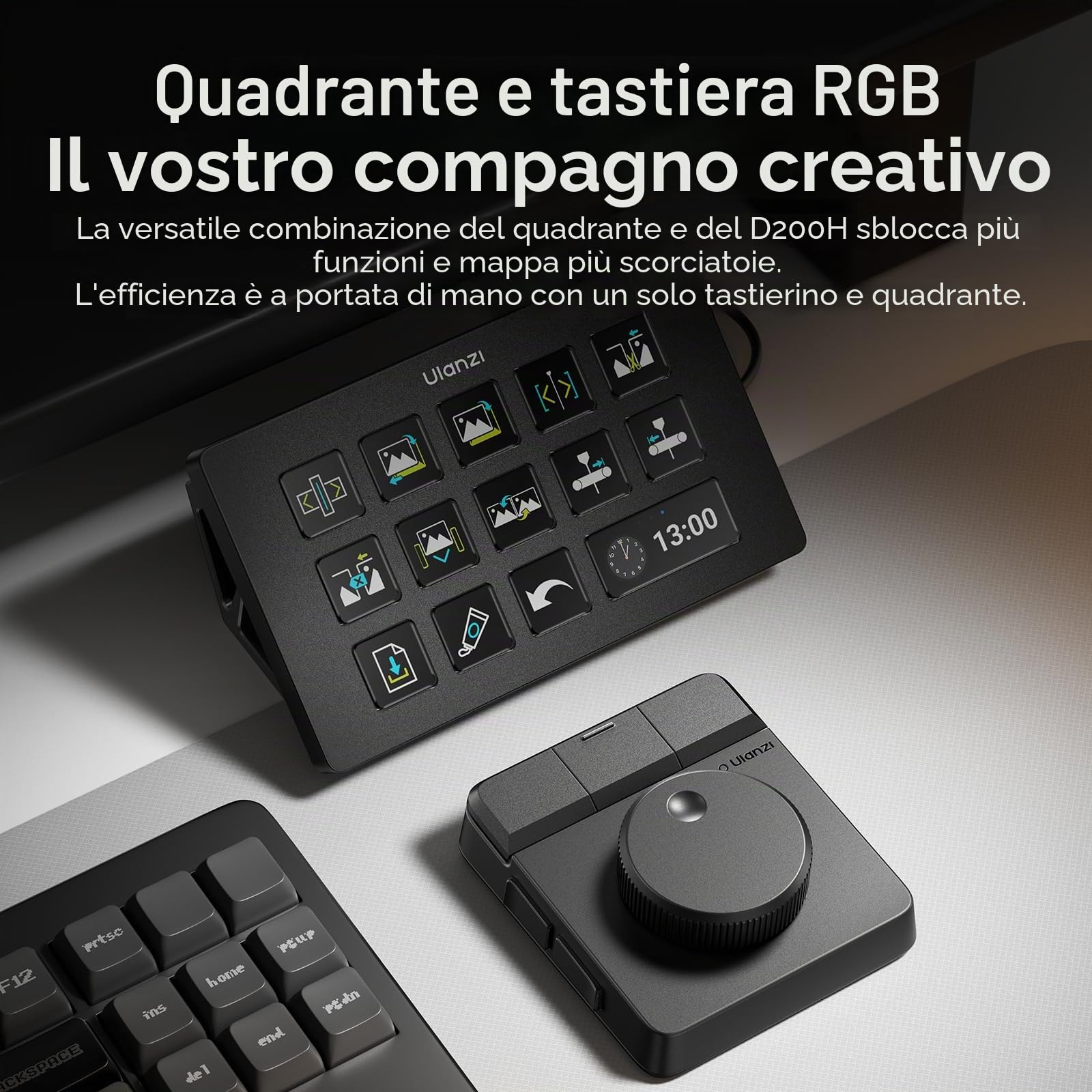 ULANZI D100H Tastiera per editing video con manopola di regolazione, Controller wireless bluetooth per Mac/PC, Tastierino macro personalizzabile 7 in 1 con feedback tattile, per fotografi e videomaker