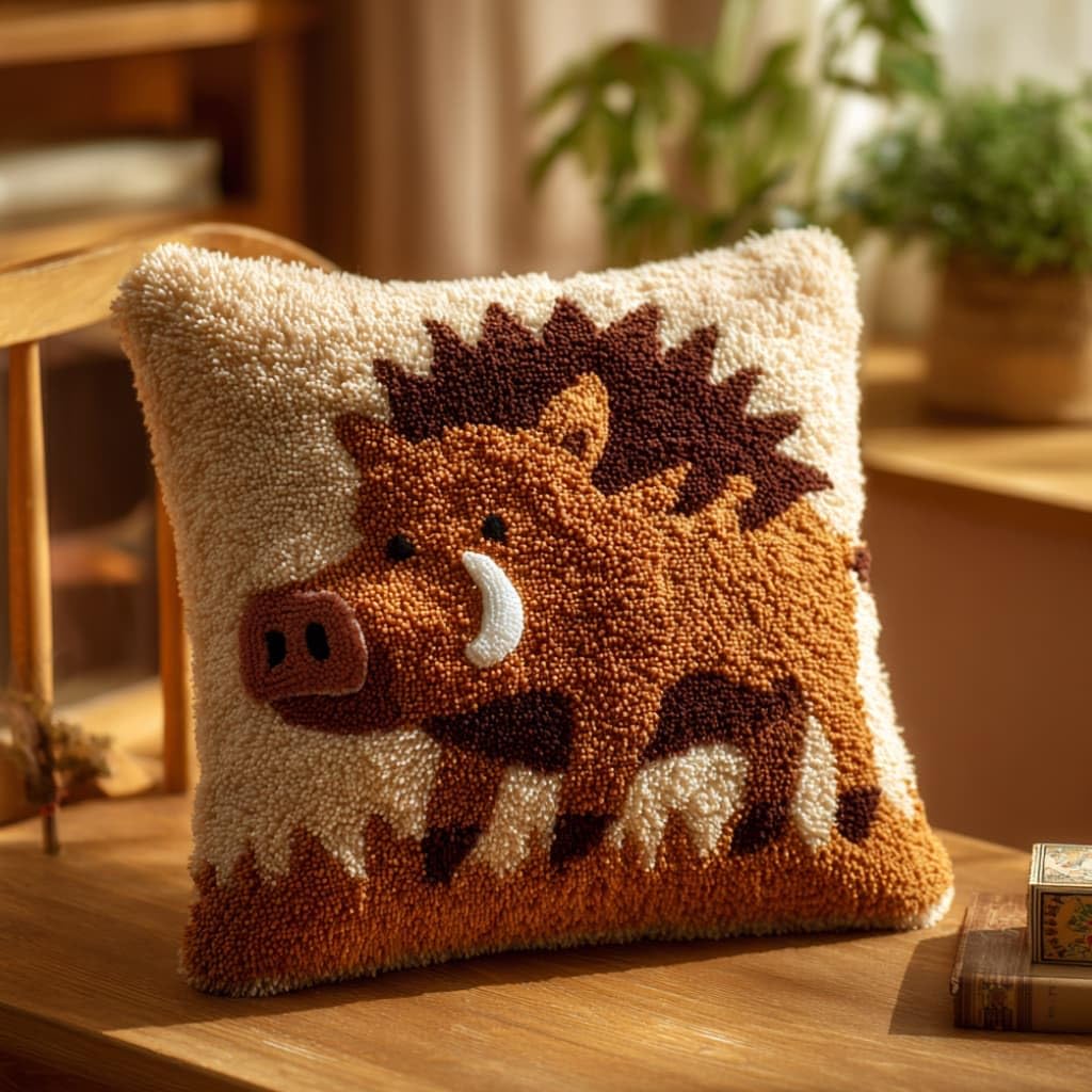 WallustrioaW Latch Hook Kit Cushion for Adults,Wild Boar 17X17 Inch,DIY Pre-Printed Craft Latch Hook Rug Kits Cross-Stitch Embroidery Pillow Cover Kit for Home