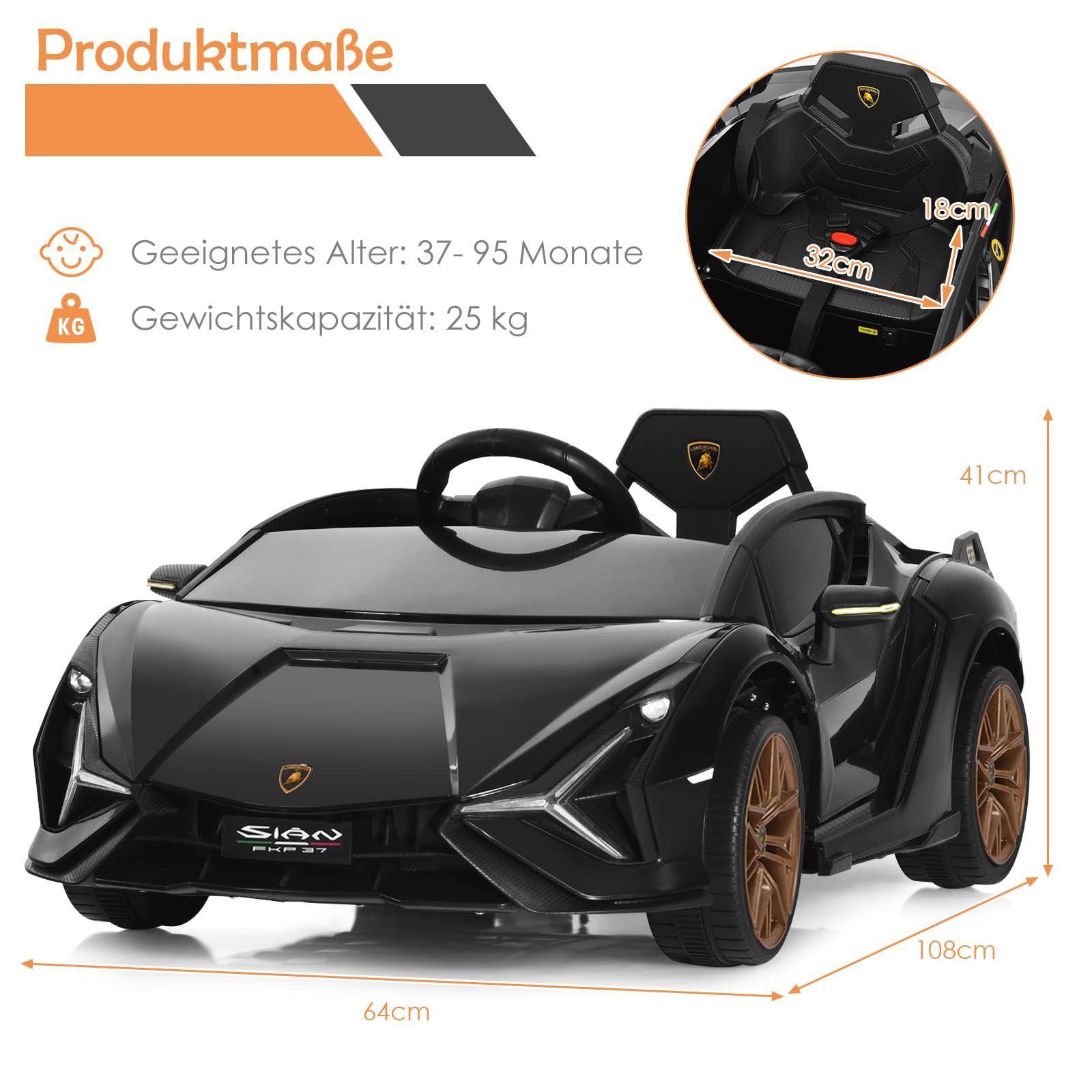 COSTWAY 12 V Lamborghini dziecięcy samochód elektryczny z pilotem zdalnego sterowania 2,4 G, samochód dziecięcy 3-5 km/h z MP3, radiem, muzyką i reflektorem LED, dla dzieci w wieku 3-6 lat (czarny)