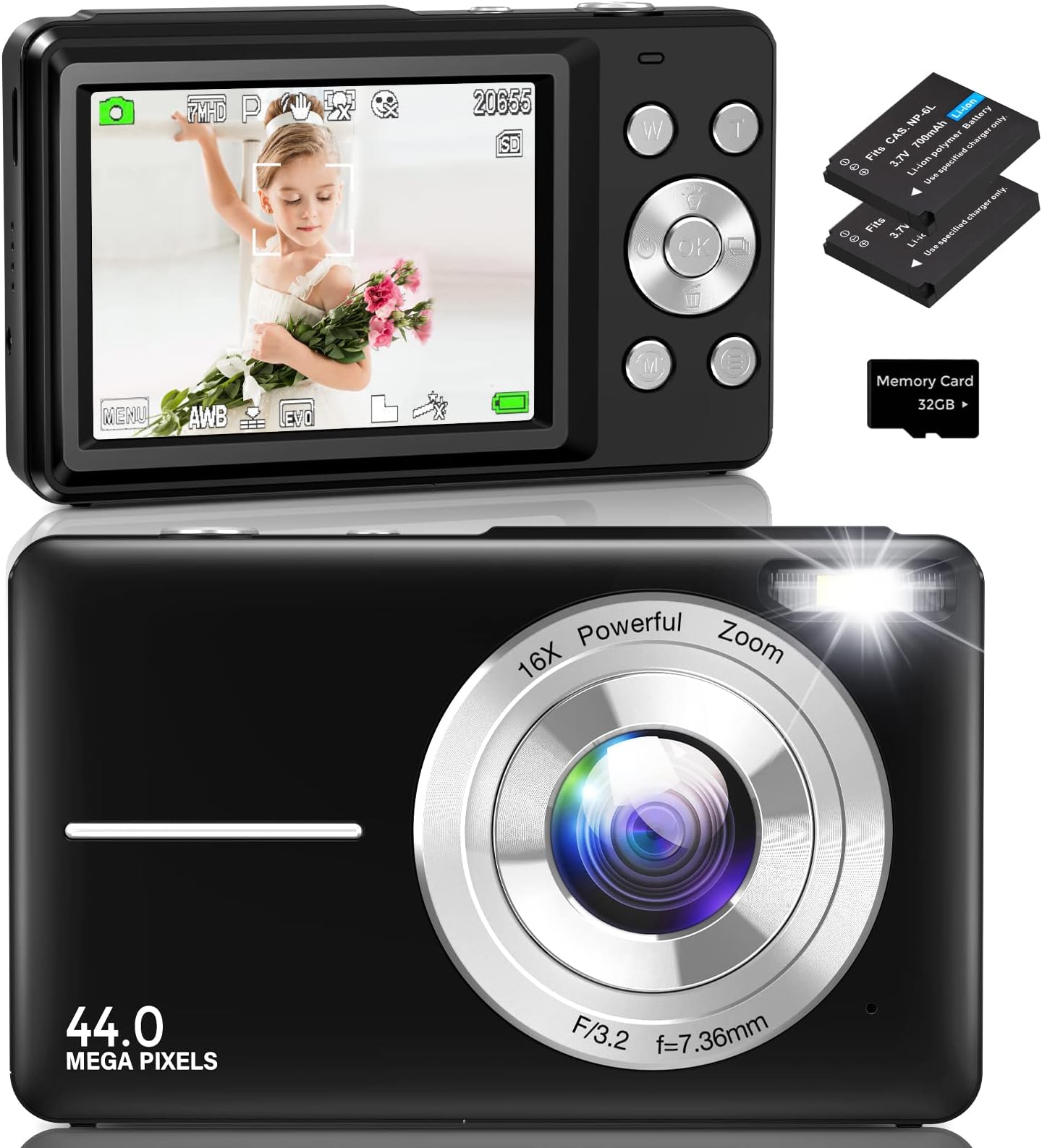 Amdeurdi Compact Camera FHD 1080P 44MP Vlogging Camera with 16X Digital Zoom, 2 Batteries, 32GB Memory Card - Black