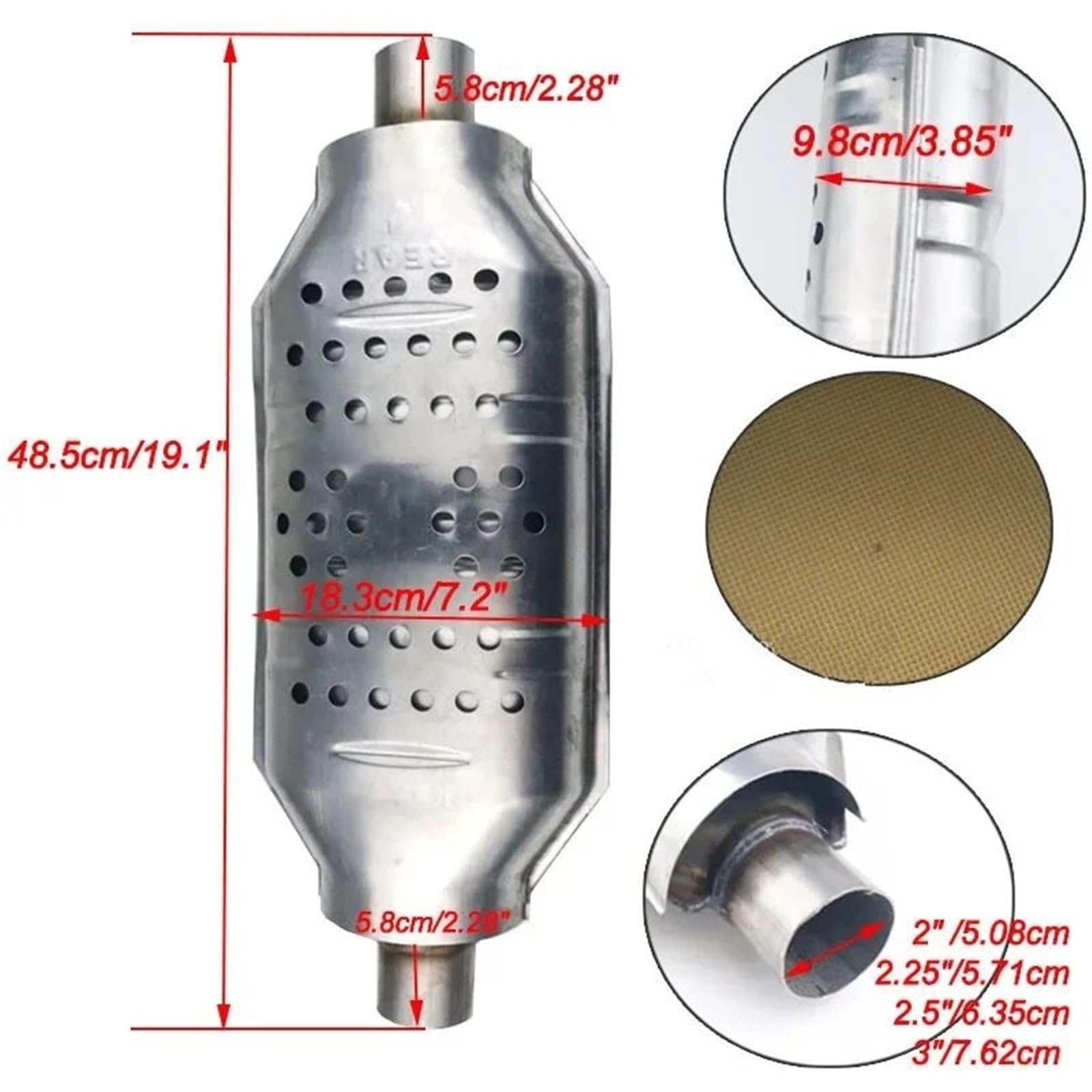 Uniwersalny katalizator z wlotem/wylotem 400-ogniwowy katalizator wysokoprzepływowy z rdzeniem ceramicznym, 2" /2,25" /2,5" /3" sportowy, ze stali nierdzewnej, spawany, wlot/wylot Katalizator spalin | 2.25 inch