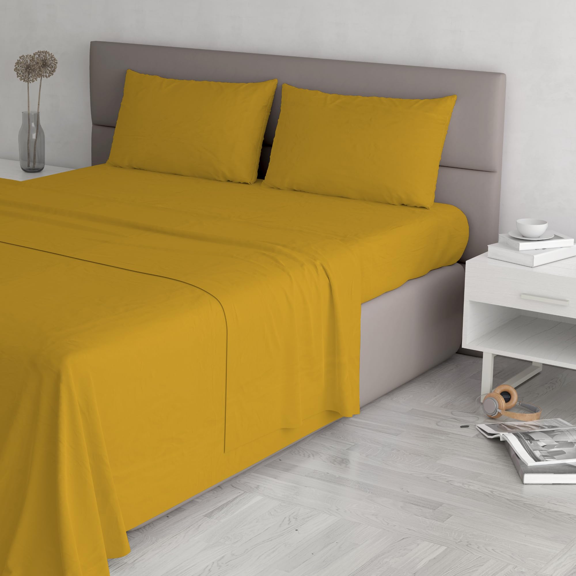 Set Lenzuola Letto Matrimoniale Cotone Max Color, Lavorato in Italia - Completo Letto, Lenzuolo sotto con Angoli, Telo sopra 240x300 cm e 2 Federe con Patella Interna, Senape