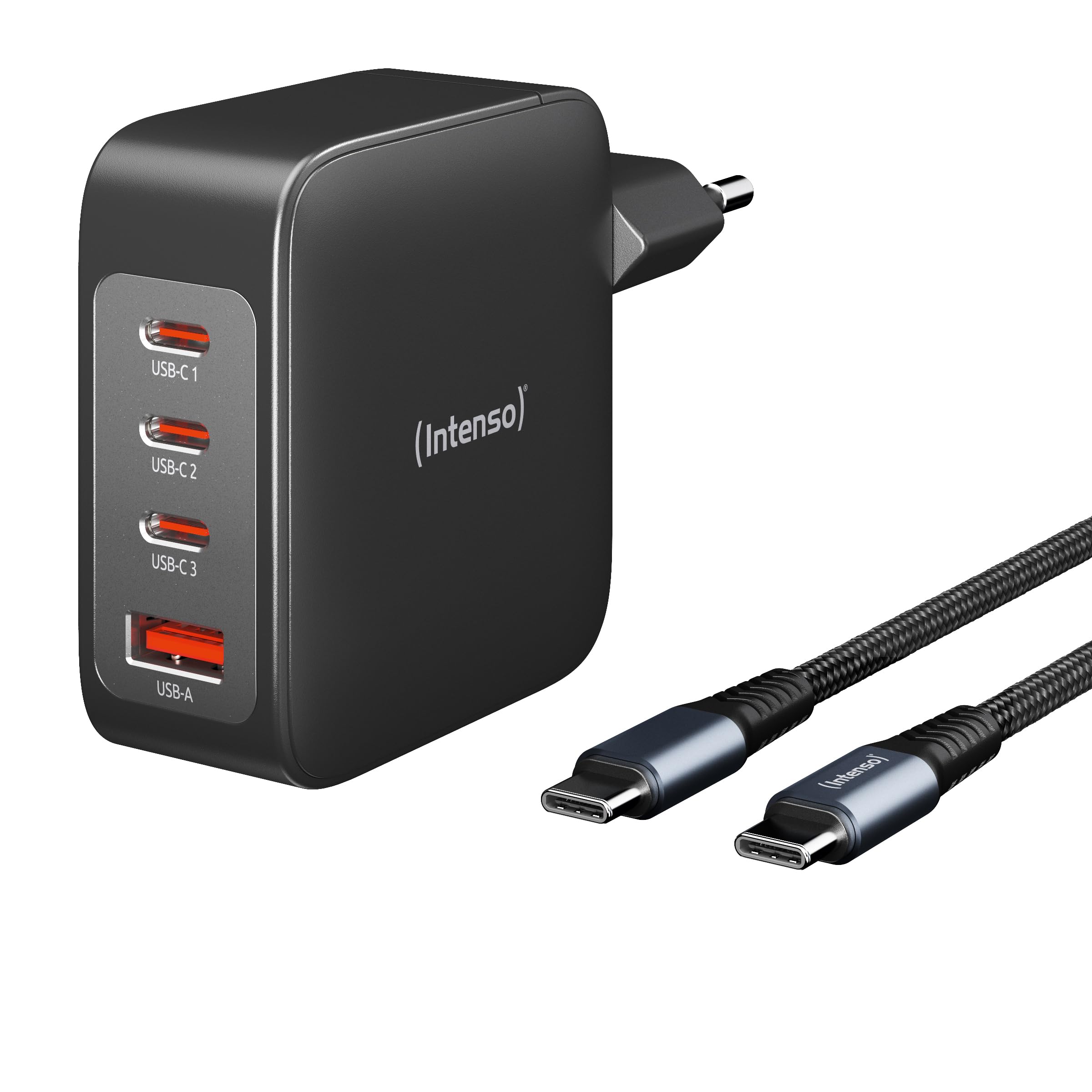 Intenso Power Adapter W140A3C GaN + C520C Kabel, 3X USB-C 1x USB-A Netzteil, bis zu 140 W schnellladen (PD 3.1, PPS und QC 4.0) + USB-C zu C Daten+Ladekabel, für iPhone, Samsung Galaxy etc., schwarz