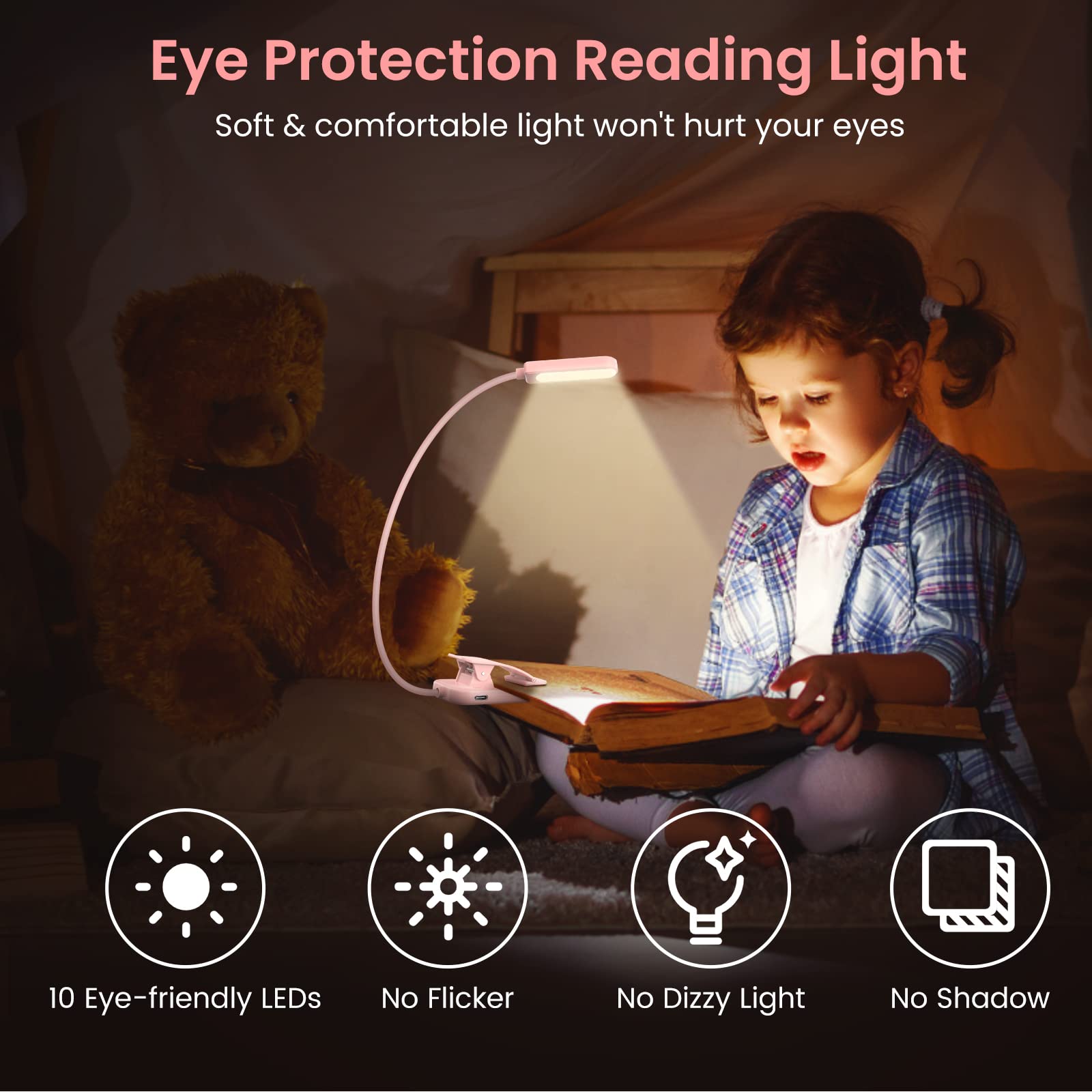 GARITE Luce da Lettura, Lampada da Lettura Ricaricabile USB con 10 LED 3 Modalità Dimmerabile Clip per la Cura Degli Occhi per E-Reader, Studio, Letto, Viaggi, Tablet