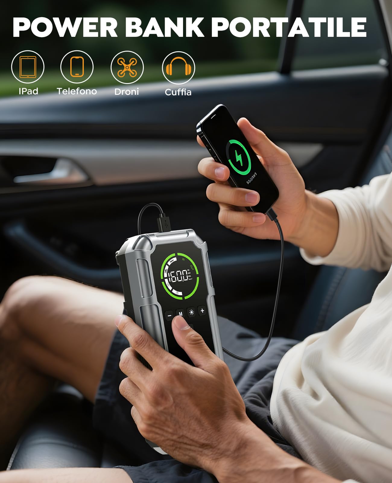 Avviatore Batteria Auto con Compressore 160 PSI, 8000A Avviatore Emergenza per Auto/Moto per (Tutti Gas 12L Diesel), 12V Booster Avviamento Auto 600 lumen LED/Ricarica USB-C, Ampio display LCD