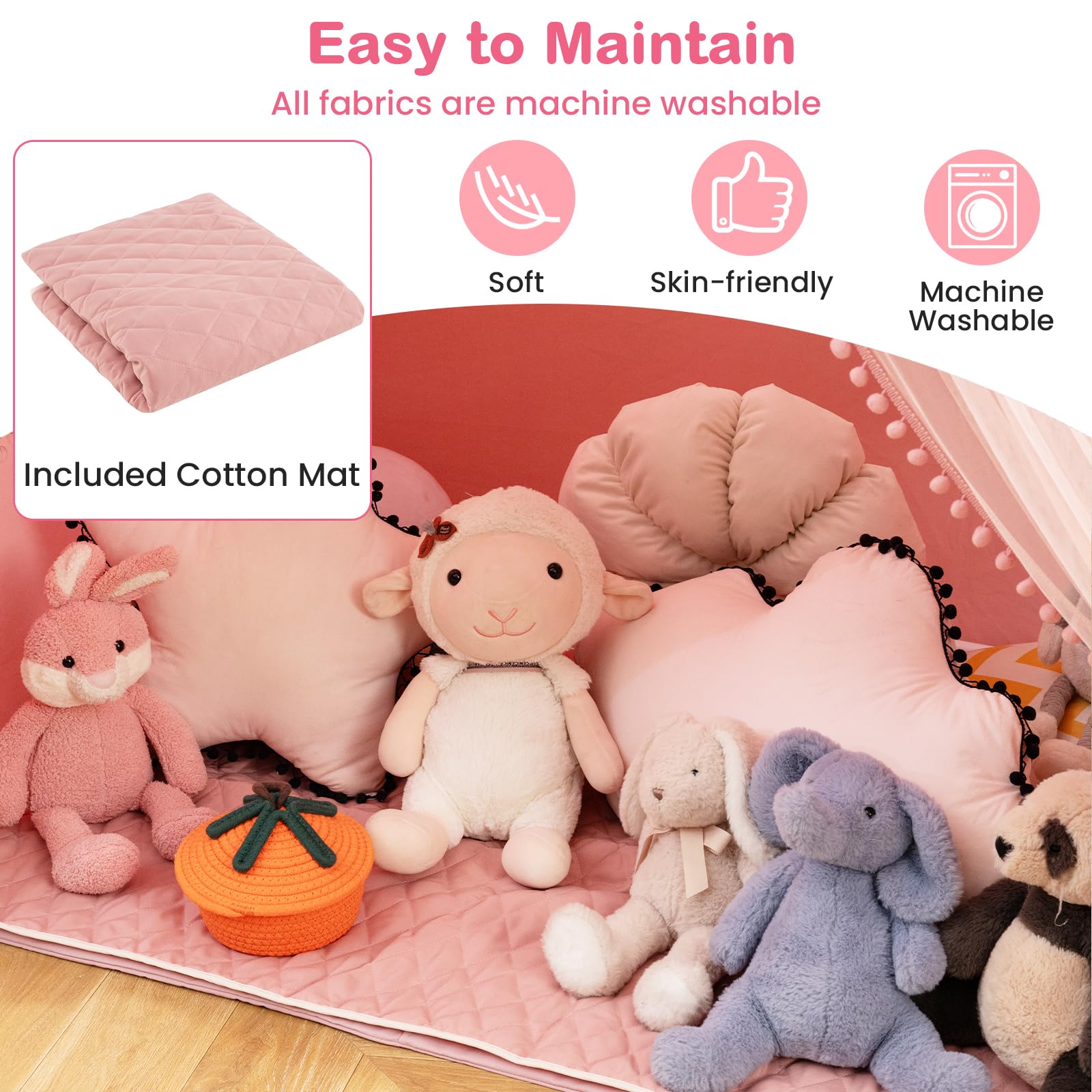 HOMASIS Tienda de Campaña Infantil con Colchoneta de Algodón, Casitas Infantil Tela de Interior con Luces, Cortina y Banderas, Cabañas para Niños a Partir de 3 Años, 146x96x133cm (Rosa)