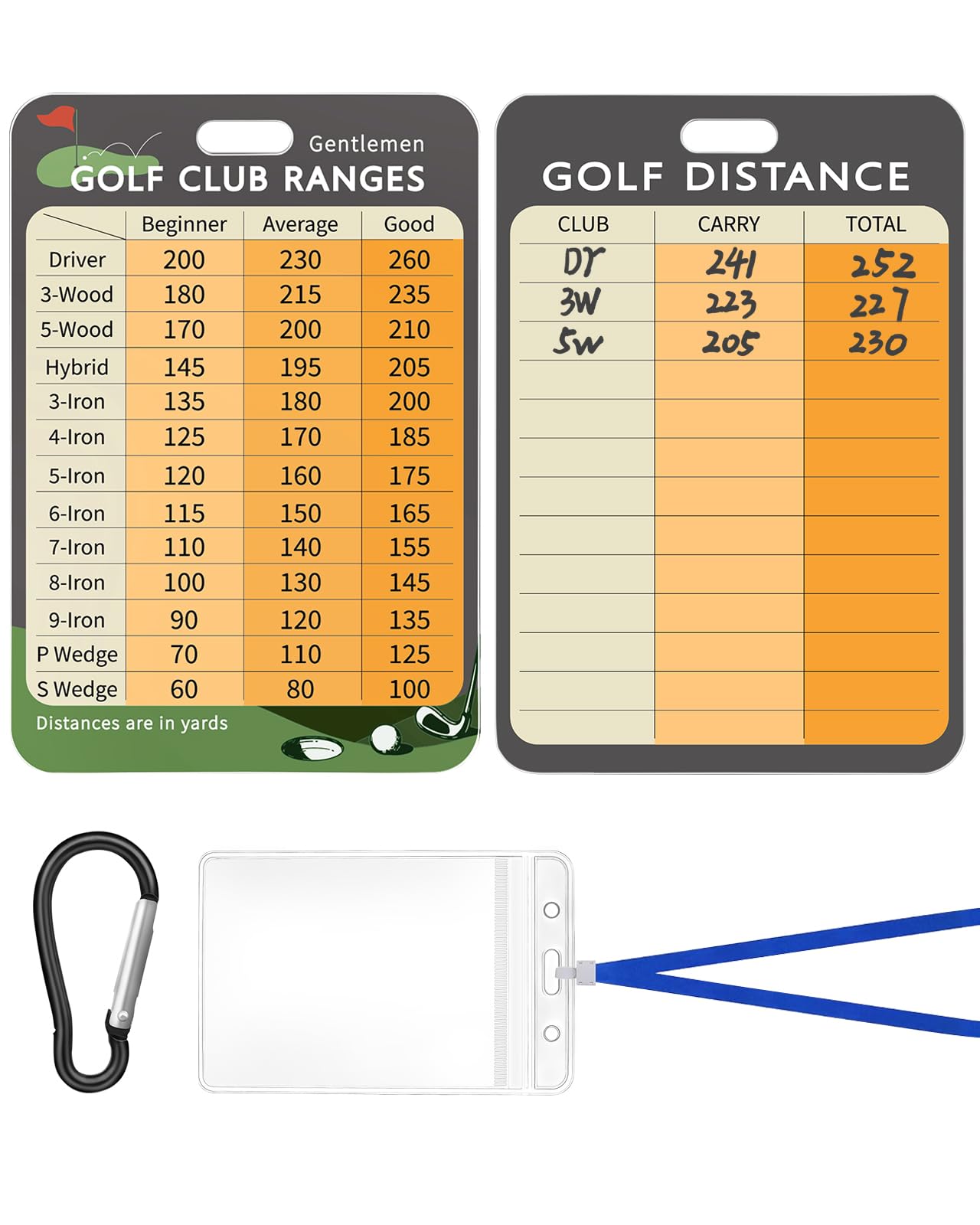 Swooflia 2 Pcs Golf Club Range Chart Card - Men Swing Minder Golf Reference Card of Bag Accessories & Blank Distance Yardage Scorecard Set, Funny Present for Ladies Golfers