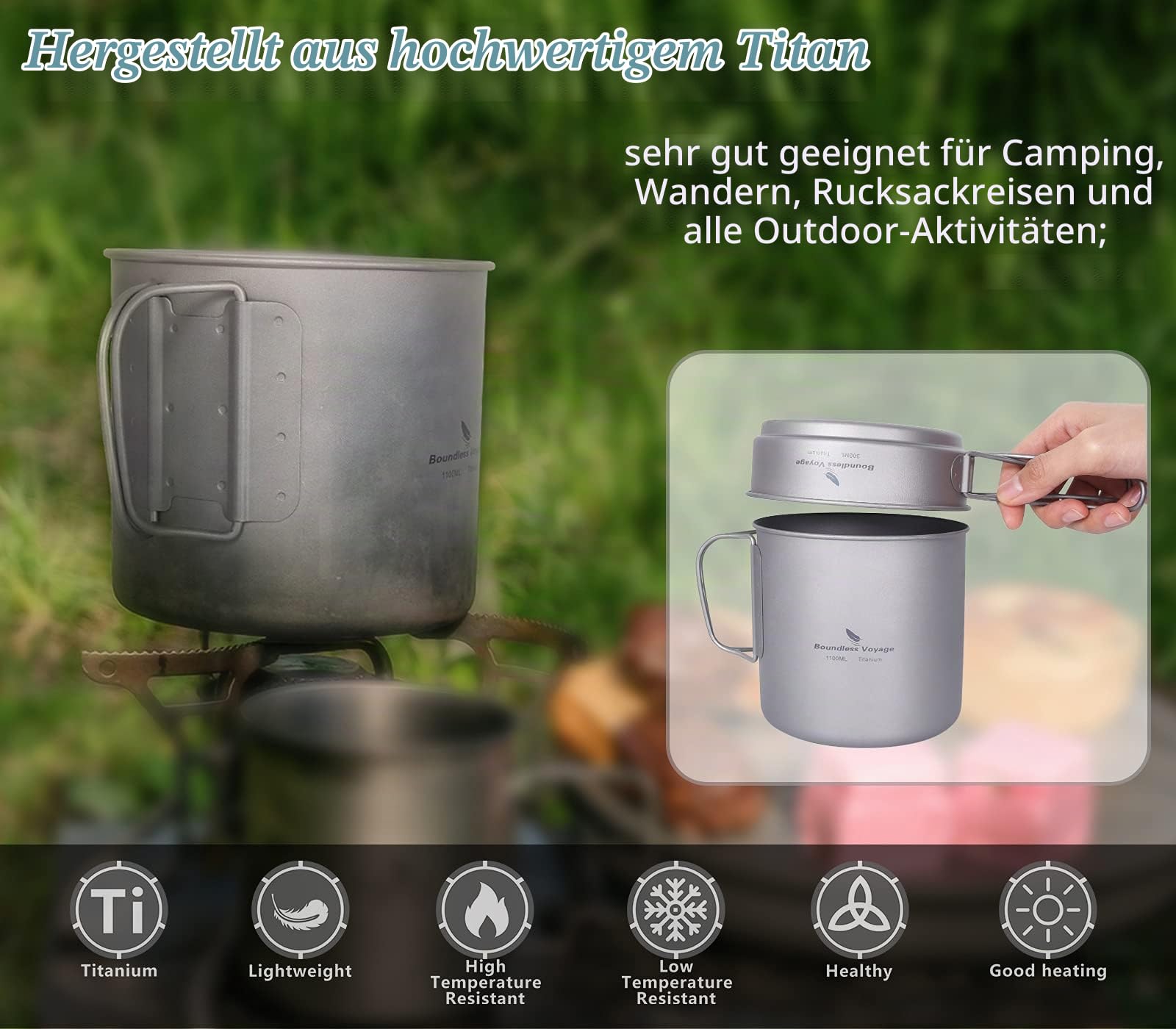 iBasingo Titan Becher Pfannen Set 1100ml & 300ml Camping Kochgeschirr Outdoor Leichtes Klein Topf Teller Set Picknick Wandern Schüssel mit Klappgriffen Rucksack Kochset für 1 Person Ti2053C