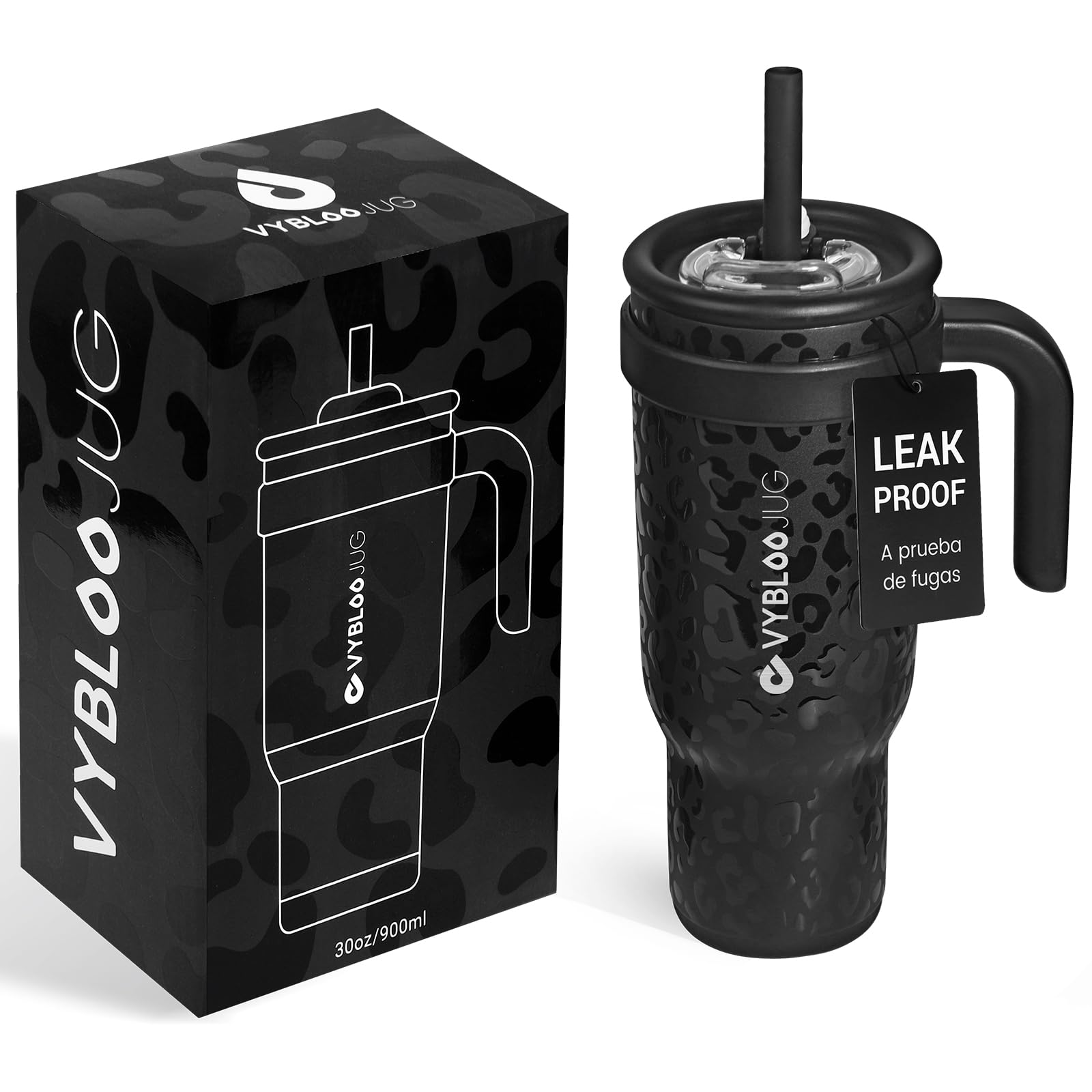 VYBLOOJUG Vaso Termico con Doble Pico, Termo con Popote para Frío y Caliente, Vaso Acero Inoxidable para Hombres y Mujeres, Libre de BPA (40 oz / 1200 ml, Jaguar) - 1.2 Litros - Jaguar