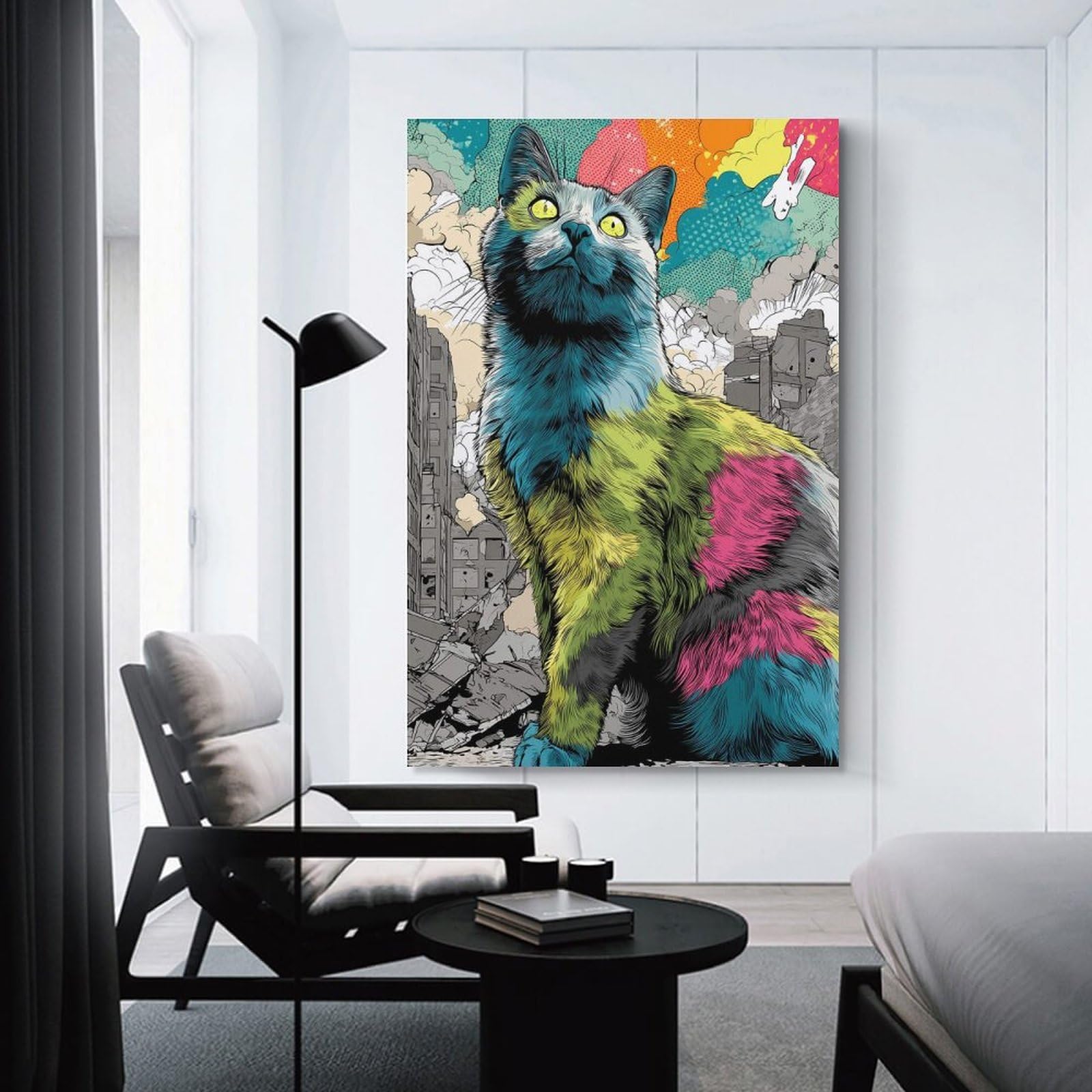 Junmoney Giant Cat in Destroyed Cityscape Wall Art Print, 08x12inch(20x30cm), for Study, Office Or Focused Interiors, Home Office Artwork with Decorative Appeal