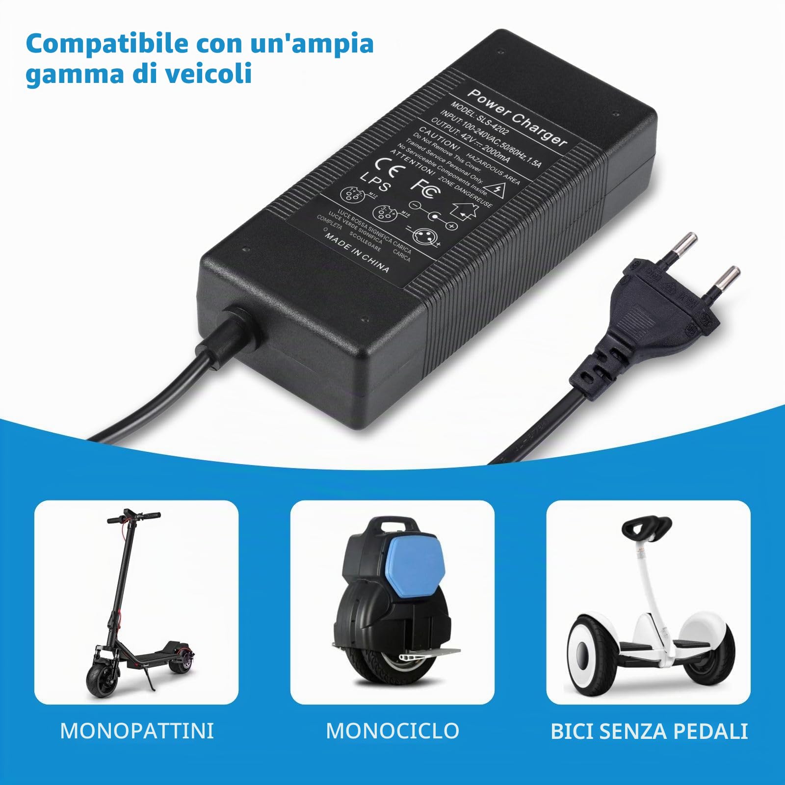 JIZZU Caricatore Monopattino Elettrico, 42V 2A AC Adattatore Hoverboard, Caricatore di Alimentazione Universale con 6 Connettori per Scooter Elettrici, Scooter per Equilibrio, Drifting Board