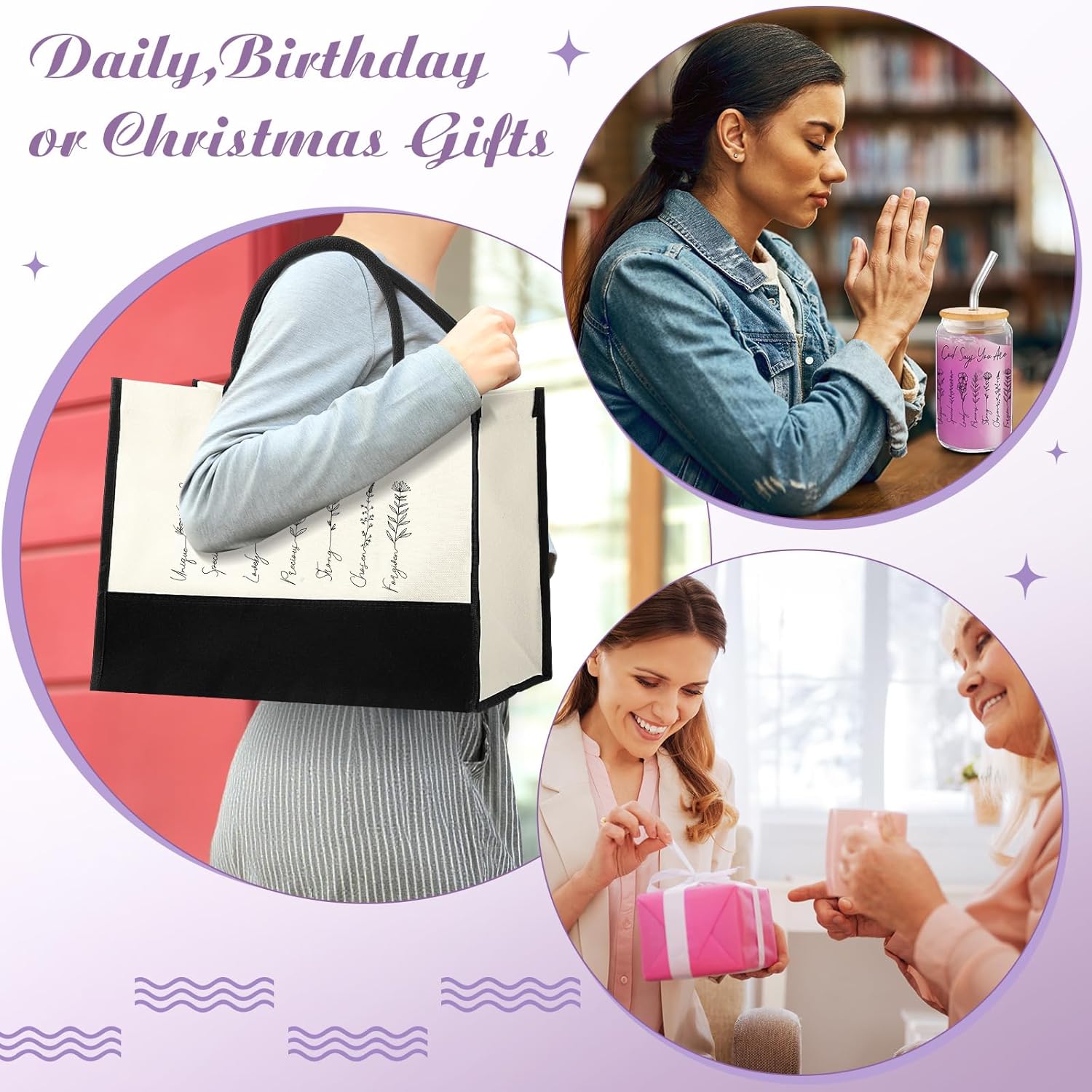 SilTriangle 8 Pcs Christian Gifts for Women God Says You Are Religious Faith Spiritual Inspirational Tote Bag Gift Set for Mom Female Sister Birthday(Purple) - Image 3