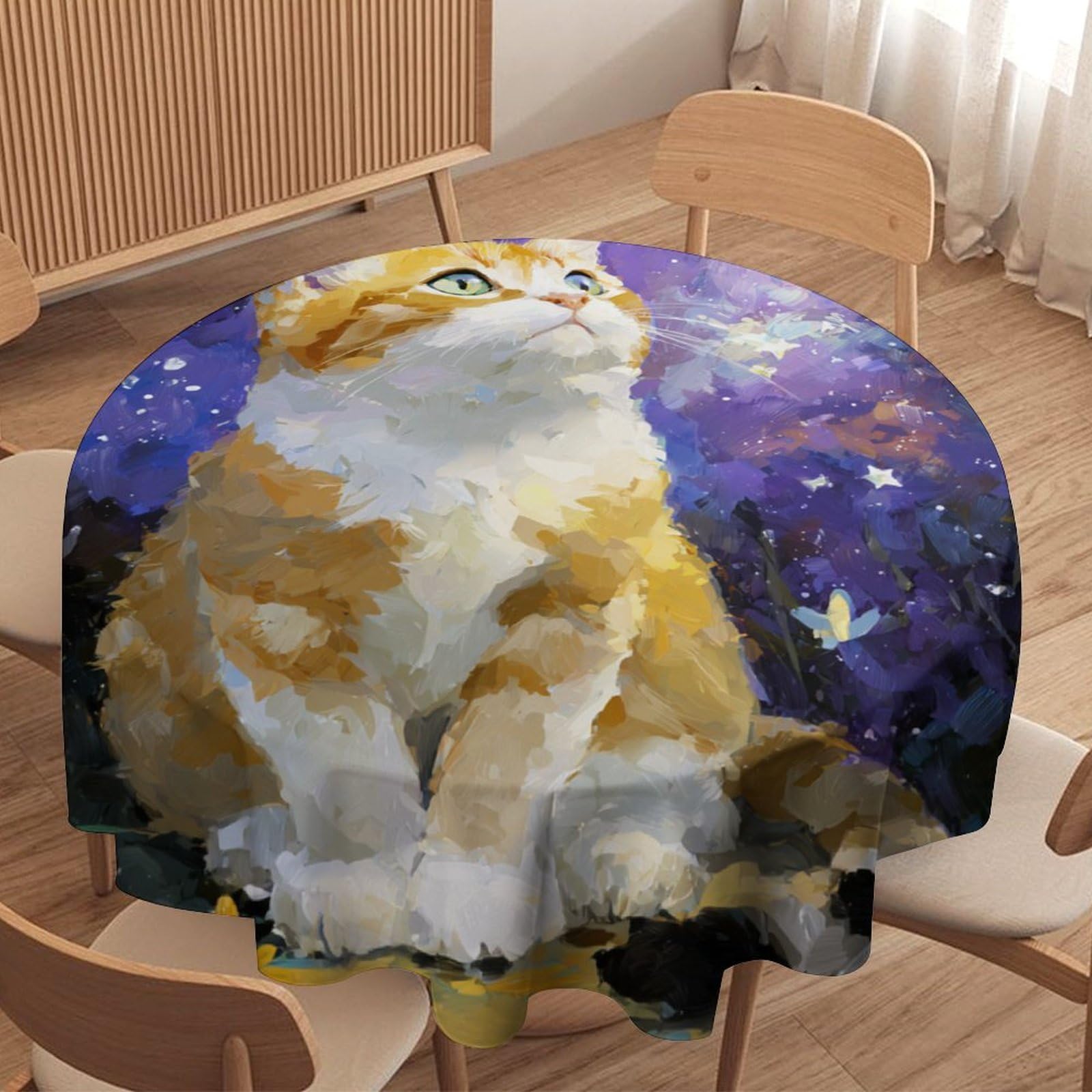 LUYYSKY Cute Beautiful Animal Kitten Waterproof Round Tablecloth Modern Aesthetic Starry Sky Galaxy Animal Cat Print Washable Table Cover for Kitchen-177.8" Wx177.8 L cm
