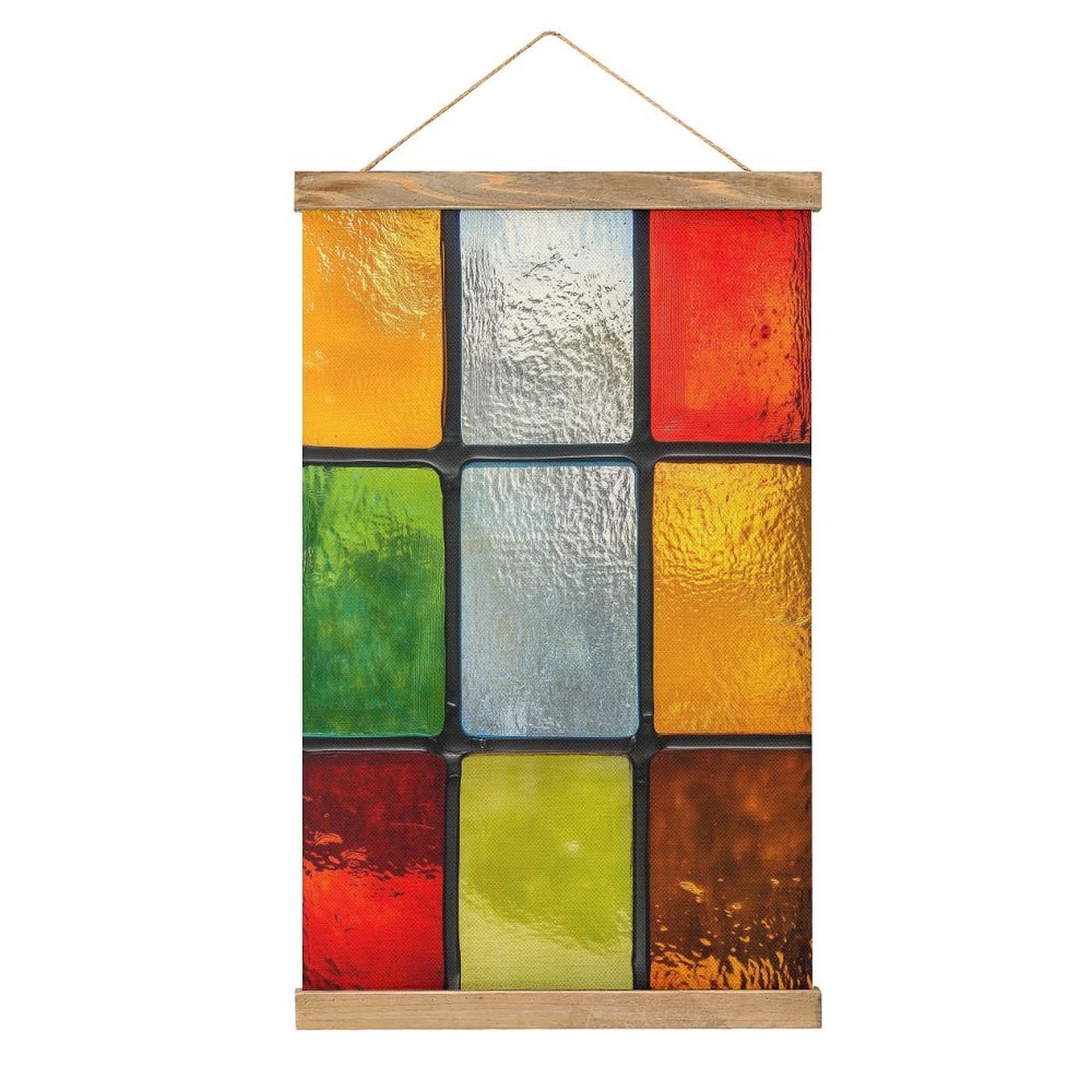 Jubonexis Square Stained Glass Panel Red Green Orange Canvas Painting Wood Frames Poster Hanger Hanging Picture Kit Wall Art