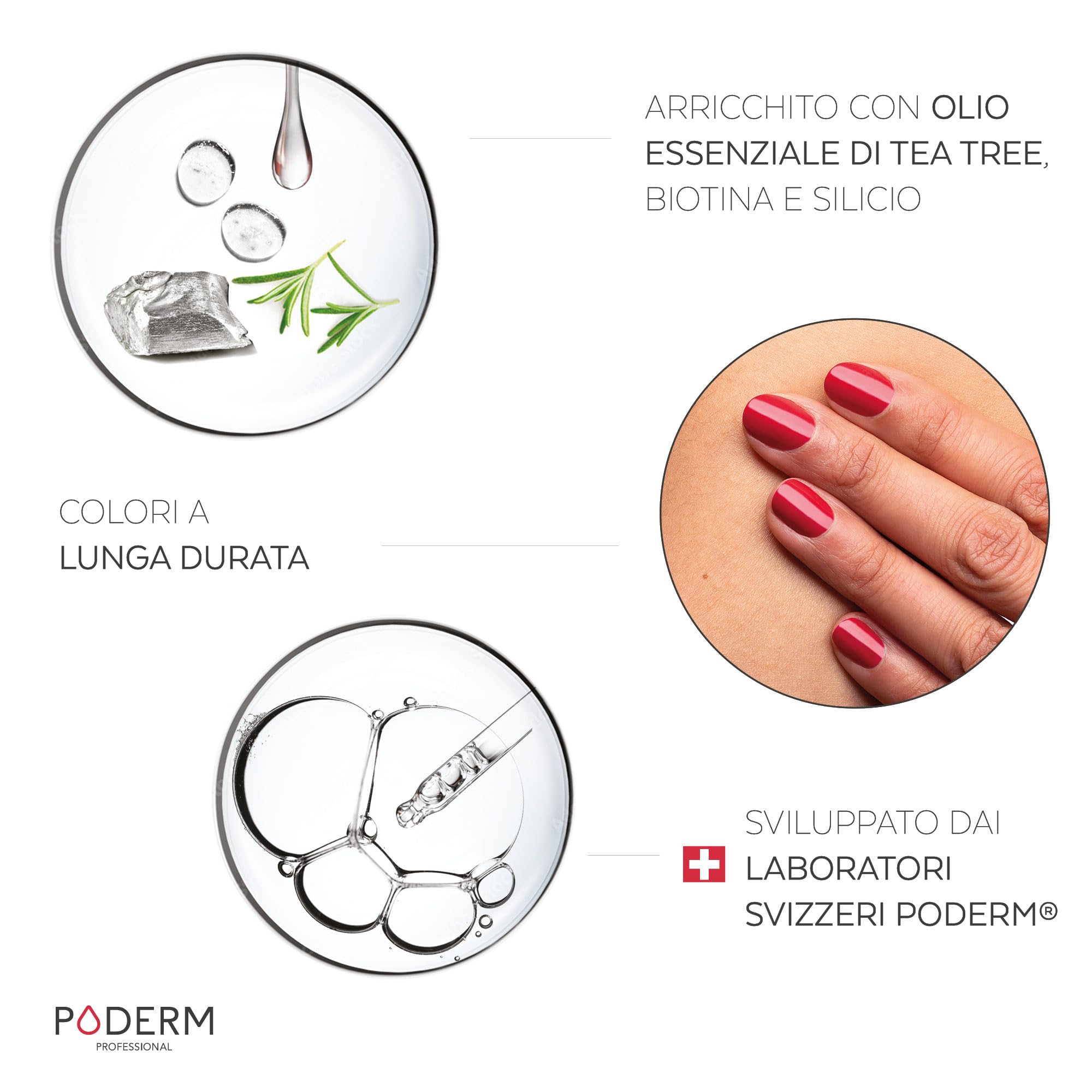 PODERM - 3 PRODOTTI - MICOSI DELLE UNGHIE TRATTAMENTO 3 in 1 | Smalto colorato Rosso lampone TEA TREE | BIO | Trattamento professionale mani/piedi | Facile e rapido | Swiss Made