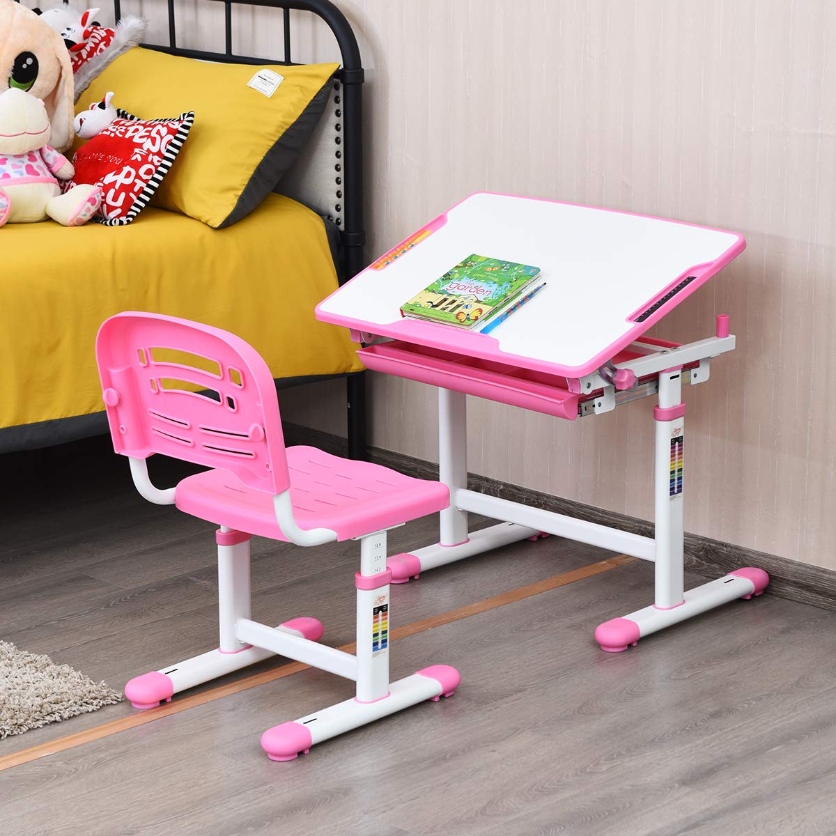 COSTWAY Set Sedia e Scrivania per Bambini Altezza e Angolo Regolabile e Multifunzionale Confortevole Apprendimento Colori Disponibili: Blu/grigio/rosa (ROSA)