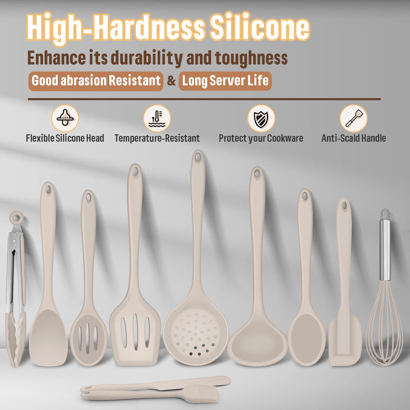 E-far - Juego de utensilios de cocina de silicona, 23 piezas, color caqui, con soporte para utensilios de cocina antiadherentes, incluye espátula/cucharón/cucharón/pinzas/volteador, resistente al