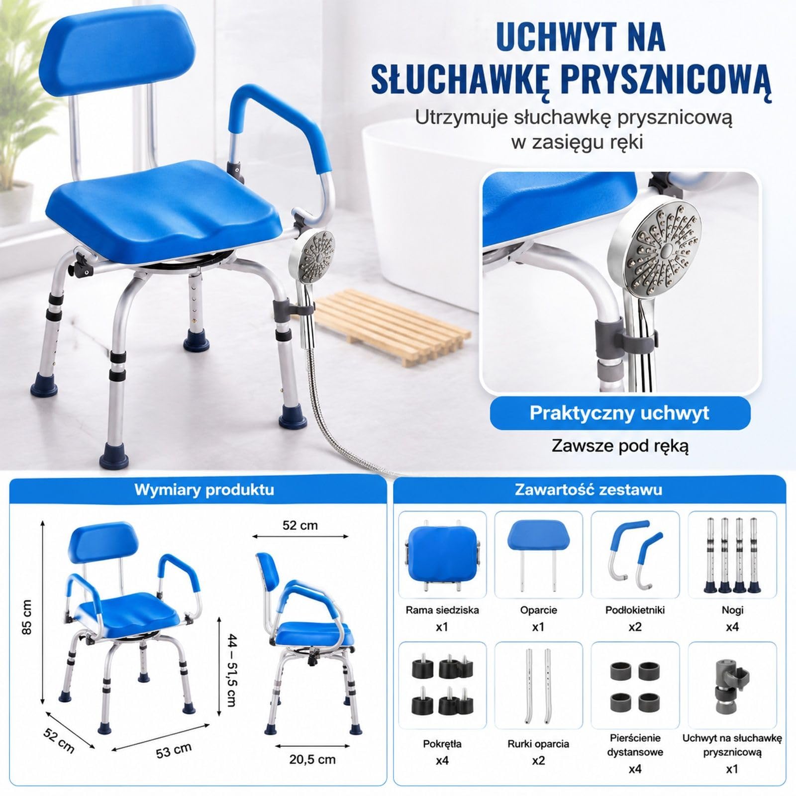 Obrotowe krzesło prysznicowe z wyściełanymi podłokietnikami, udźwig 136 kg, do łazienki