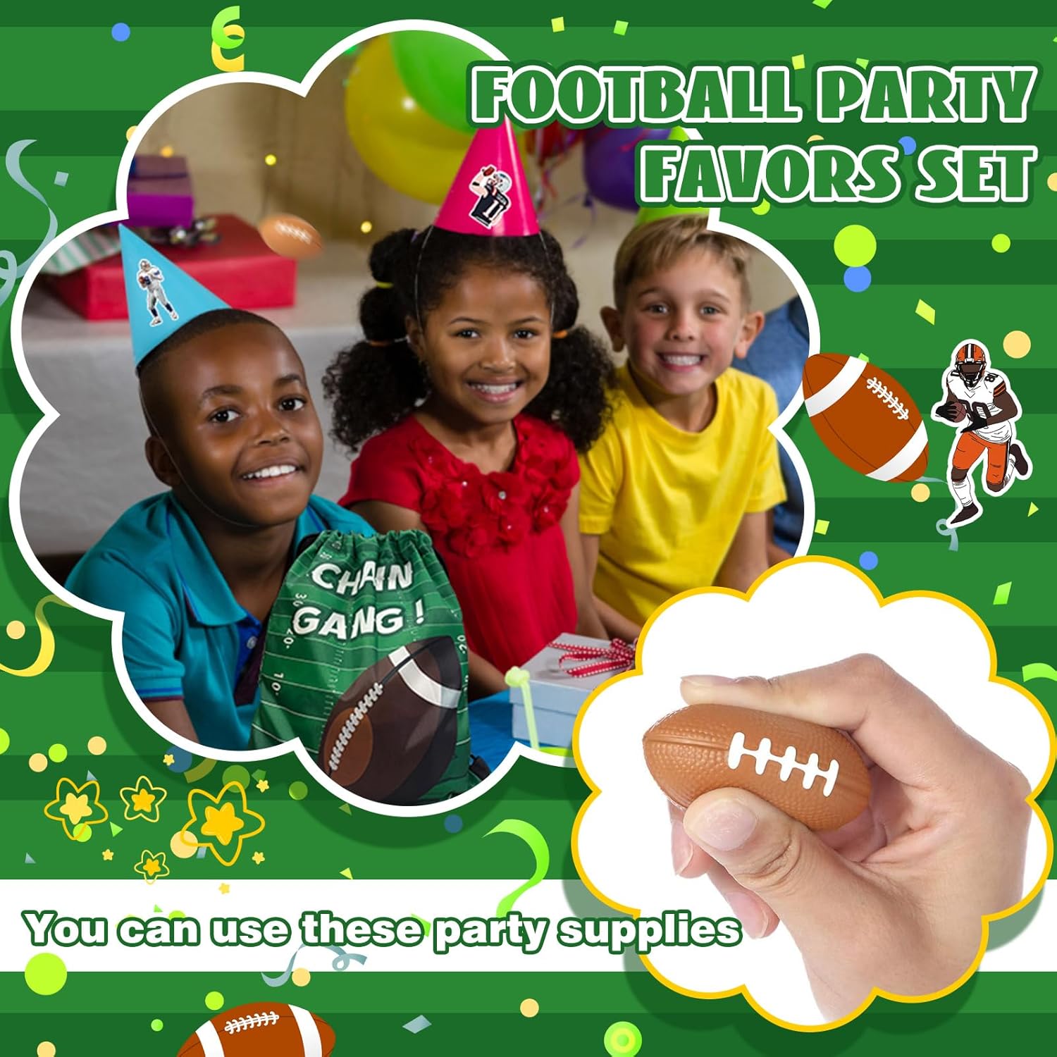 Yeepestmi 110Pcs Football Party Favors Drawstring Bags Football Goodie Bag with Mini Ball, Wristband, Slap bracelets, Keychains, Stickers for Football Party Supplies - Image 6
