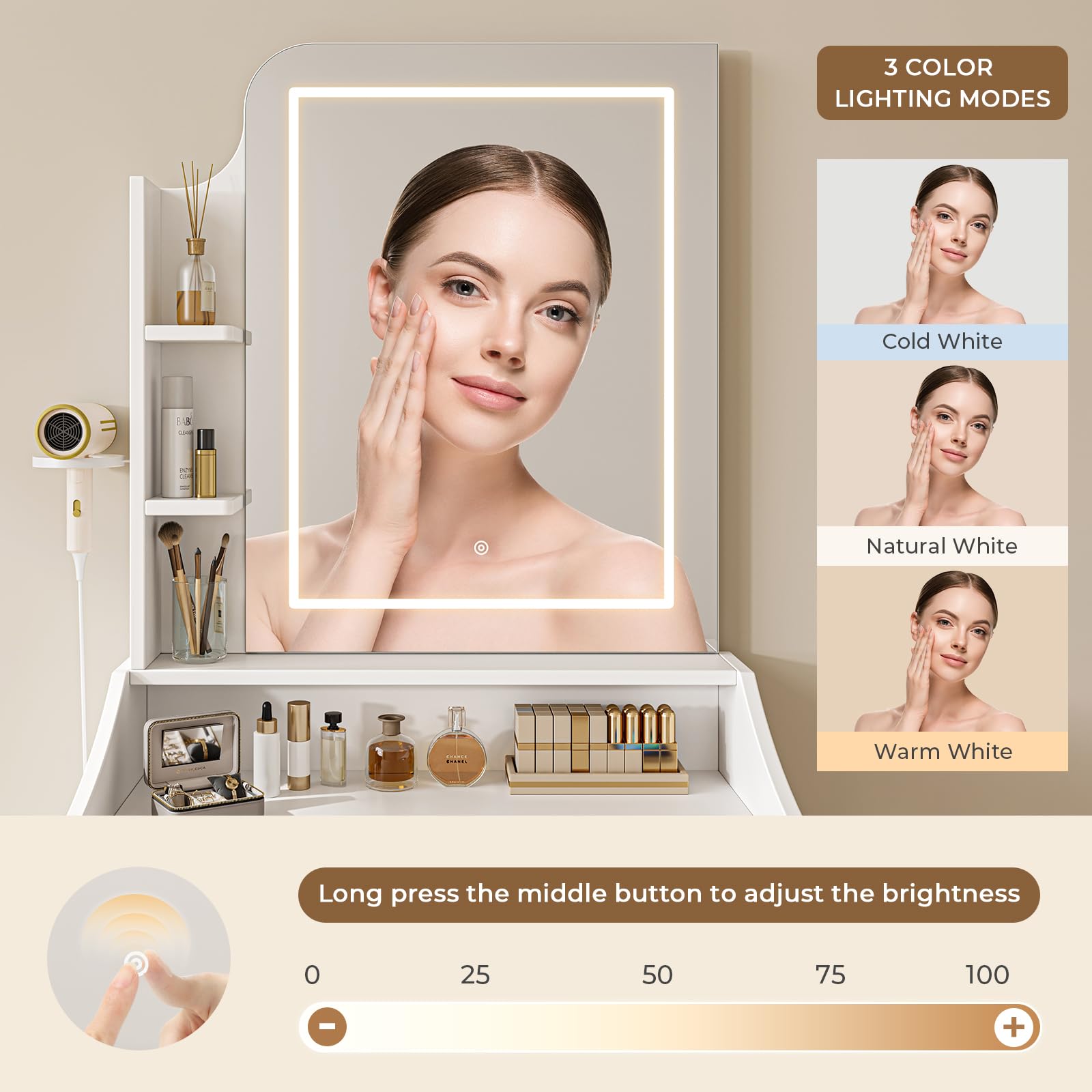 Dripex Tavolo da toeletta con illuminazione, tavolo da trucco con sgabello e specchio, 3 colori con luminosità regolabile, Vanity Desk per make up, 62 x 150 cm, bianco (62 x 150 H)