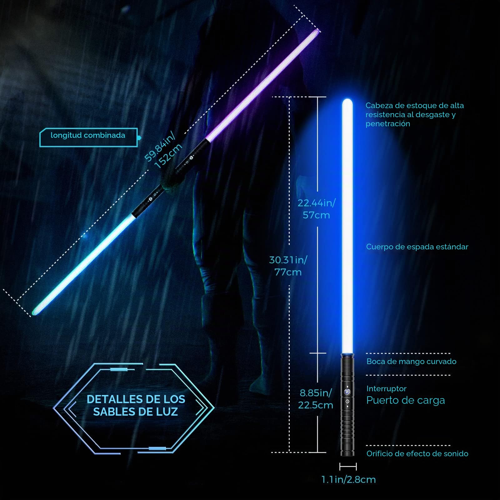Sable de luz de doble hoja RGB 7 colores cambiables con sonido metal Hilt luz sable fuerza FX dueling sable de luz juguete para niños regalo (2pcs-negro)