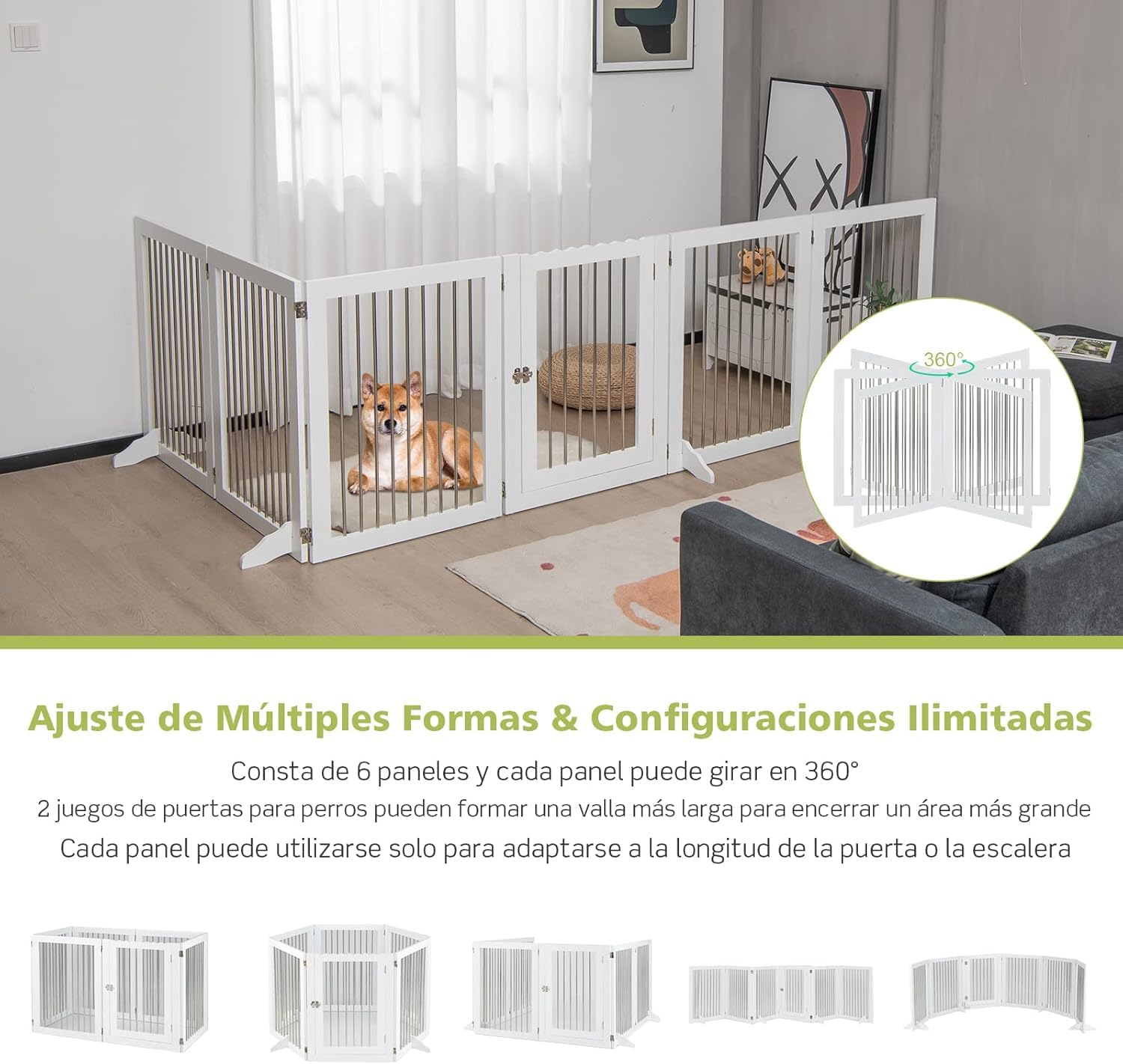 GOPLUS Parque para Mascotas Plegable, Recinto para Perros con 6 Paneles de Madera y Tubos de Acero Inoxidable, Valla Multiforme para Cachorros con Bisagras Escalera
