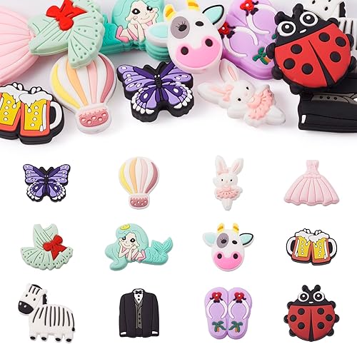 Miniatura 1 de Boutigem Juego de 12 cuentas de silicona con diseño de mariquita, conejo, mariposa, vaca, sirena, globo de goma suave, cuentas de estilo de dibujos