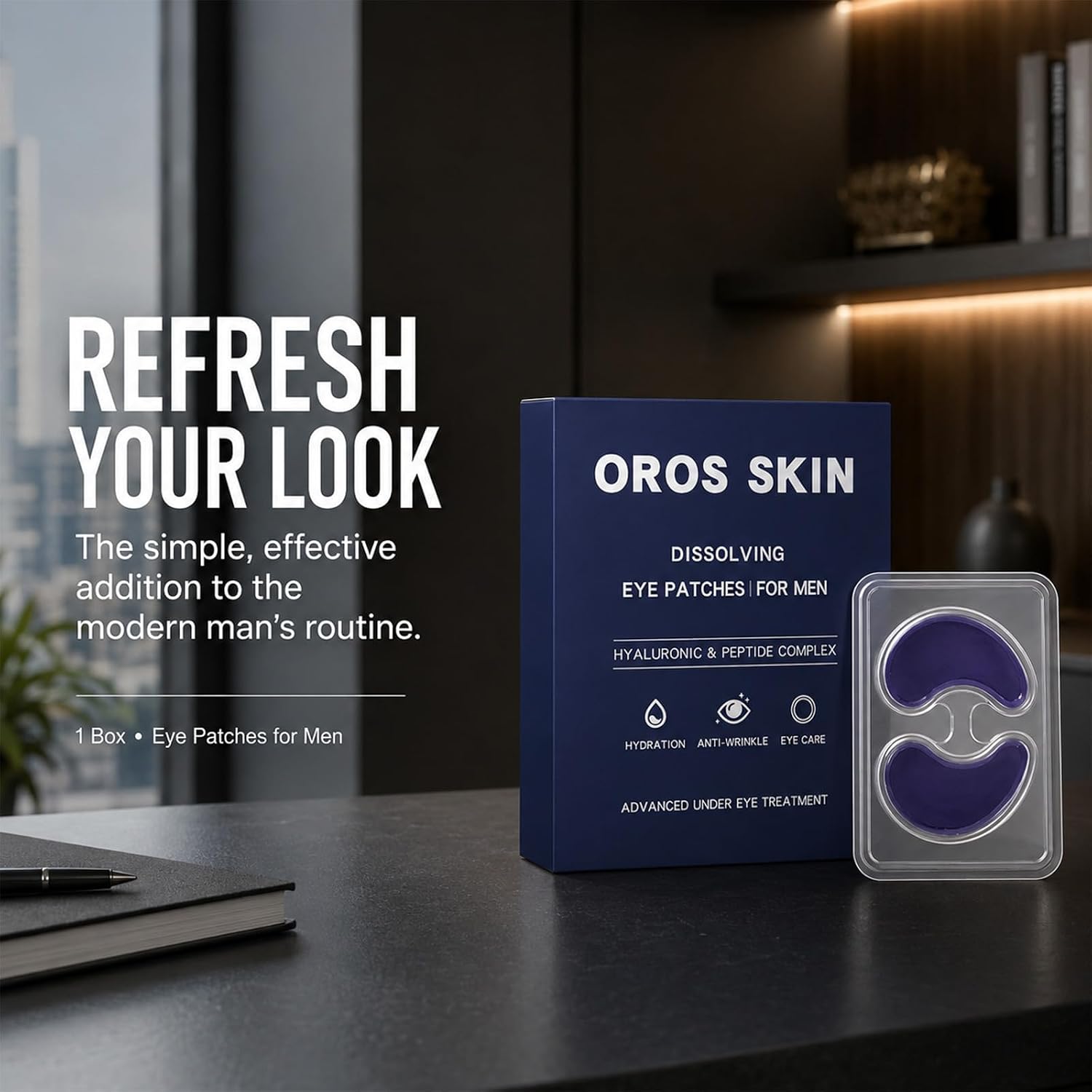 OROS Eye Patches for Men, with Hyaluronic Acid & Peptide Eye Masks, 12 Pcs