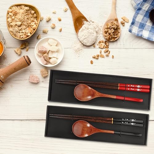 Miniatura 7 de FELTECHELECTR Juego de cuchara y palillos de madera, 3 pares de utensilios reutilizables de estilo japonés para viajes de picnic y uso diario