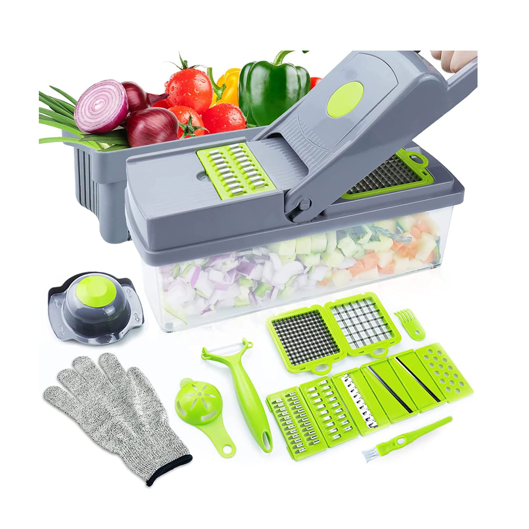 16-in-1 Gemüseschneider Profi Set – Mit 8 Klingen, Edelstahl, Behälter, Für Zwiebeln, Tomaten, Kartoffeln