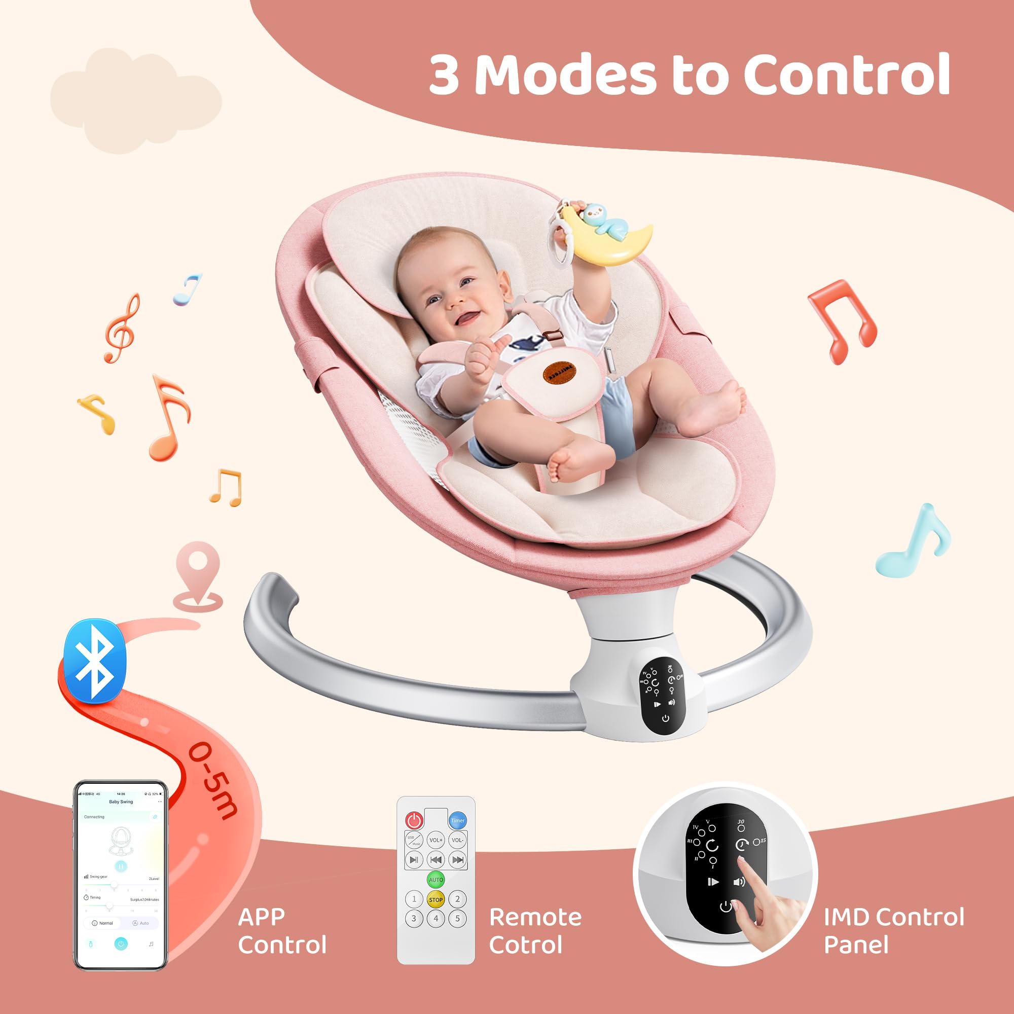 Baby Swing for Infants - Electric Baby Rocker with Exclusive App Function, Upgraded 5 Point Harness, Bluetooth Support, 10 Preset Lullabies and 5 Speeds, Portable Swing for Baby Boy Girl?Pink?