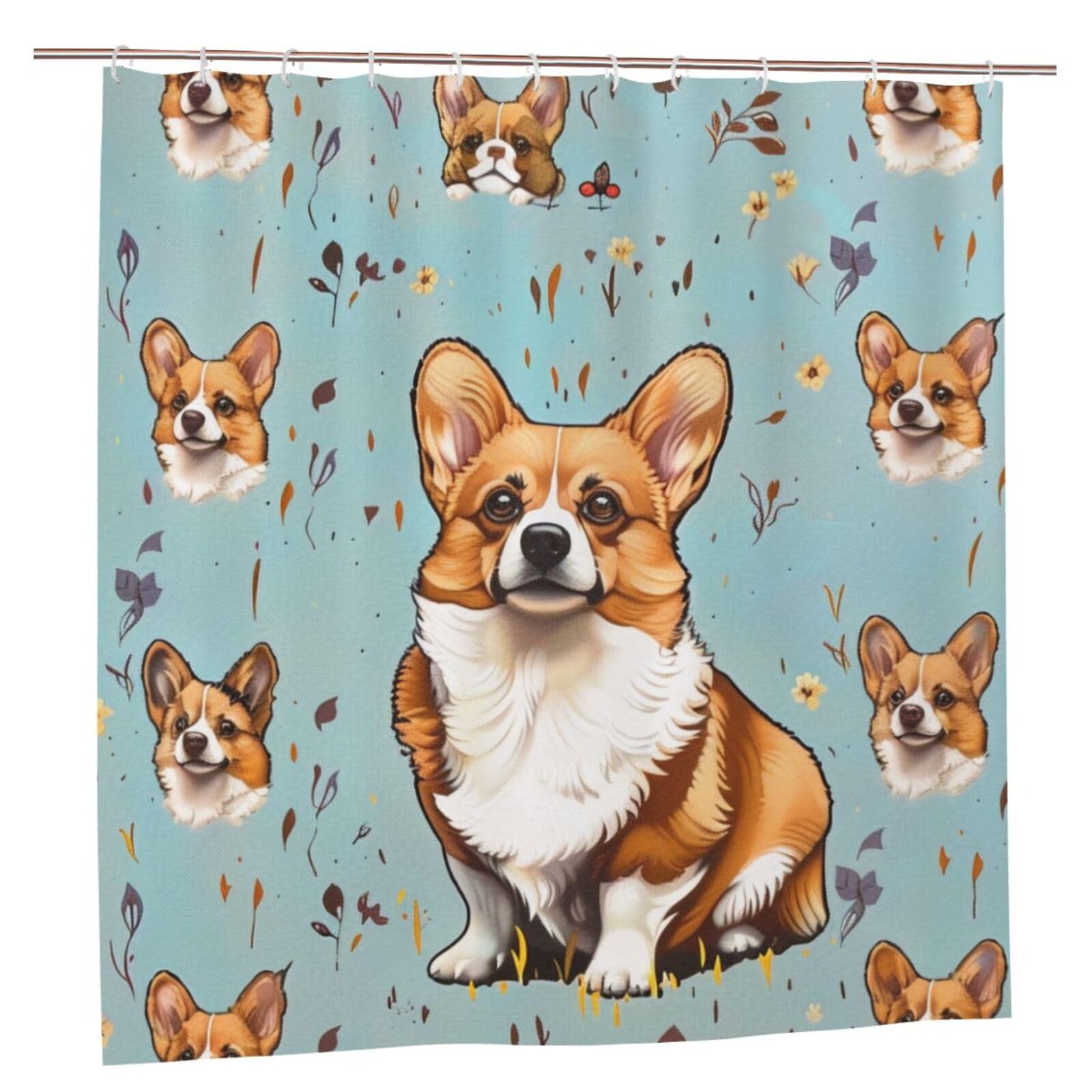 BWWHCCTI Corgi Printed Shower Curtain With 12 Plastic Hooks Opaque Quick Drying Waterproof Shower Curtains Sets For Bathroom 183x183 CM