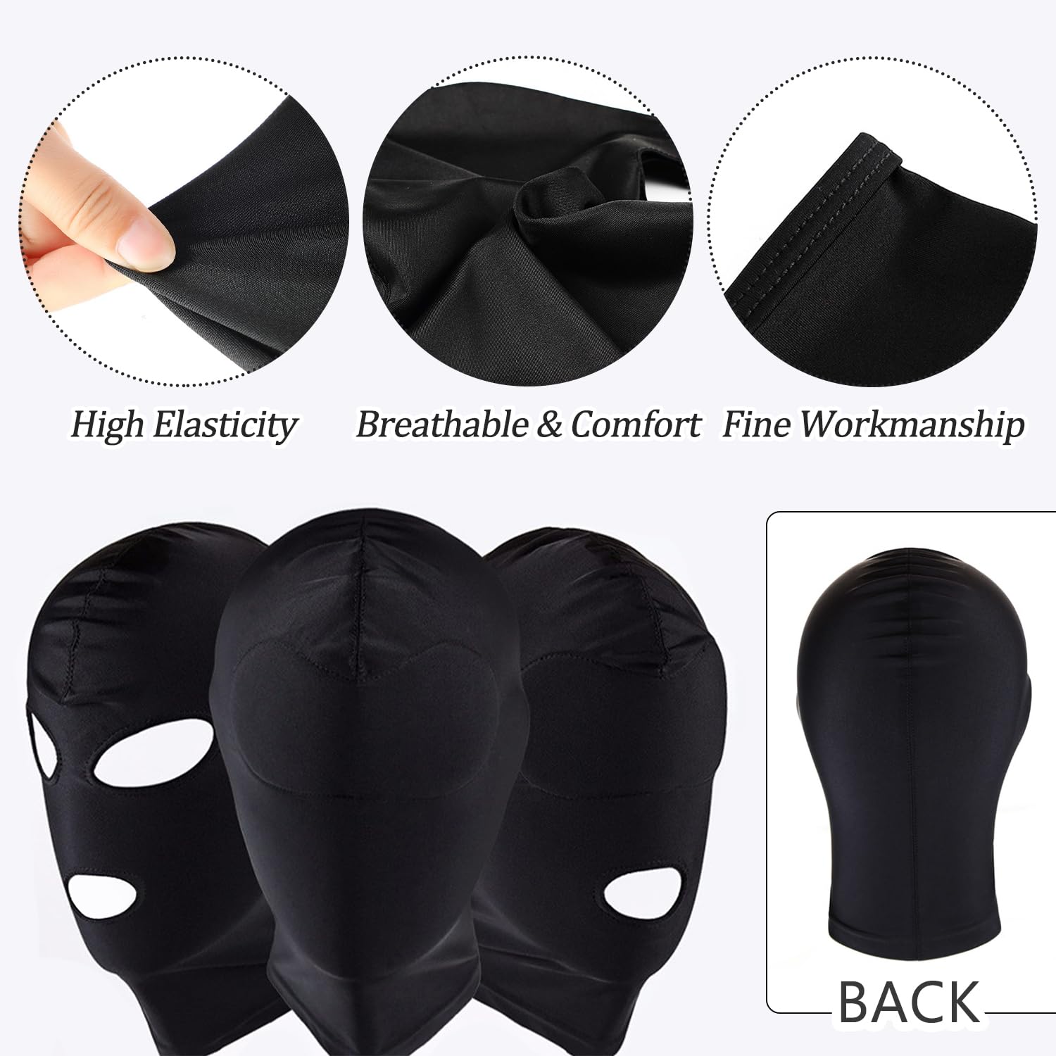 SYEYCW 3 Pcs Black Mask Set, Full Cover Hood Masks, Breathable Elastic Open Eyes and Mouth Mask, Open Mouth Head Masks - Image 3