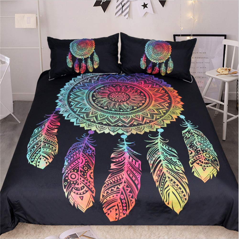 Housse de couette 3D attrape-rêves et ses 2 taies parure bohème mandala US Queen