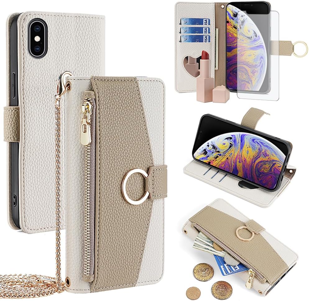 Asuwish Phone Case for iPhone Xs Max Wallet Cover with Screen Protector and Mirror Flip Cover Ring Card Holder Crossbody Strap Cell i X XR Xsmax 10x SX Xmax 10xs 10s 10 Plus Xmaxs Women Girls White
