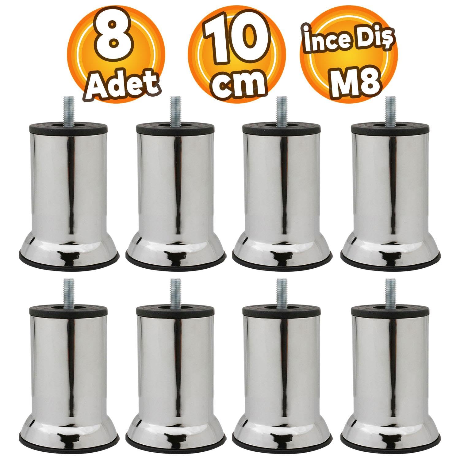 Badem10 Mobilya Kanepe Baza Koltuk Destek Yükseltme Ayağı M8 Civatalı Krom Metal Ayakları 10 cm 8 Adet