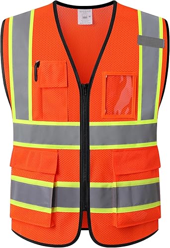 Miniatura 5 de Kazsaifo Chaleco de seguridad reflectante para hombres y mujeres, con 5 bolsillos y cremallera frontal, chaleco de malla de alta visibilidad,