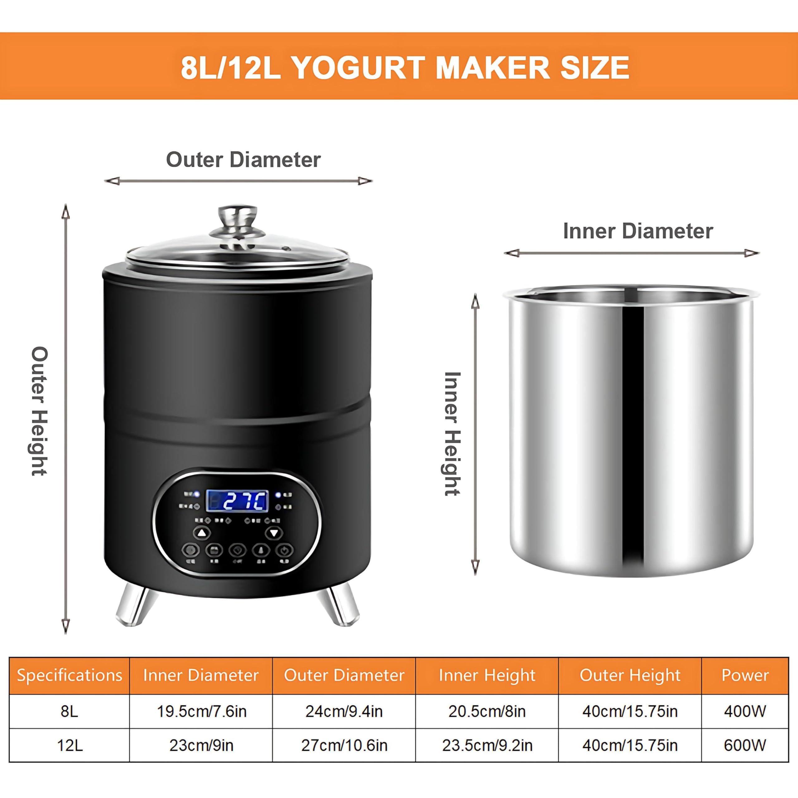 Maszyna do produkcji jogurtu 8L/12L, Jogurtownica z regulowaną temperaturą i timerem, 6 zaprogramowanych menu – Cyfrowa maszyna do produkcji jogurtu greckiego, Stal nierdzewna White-8L