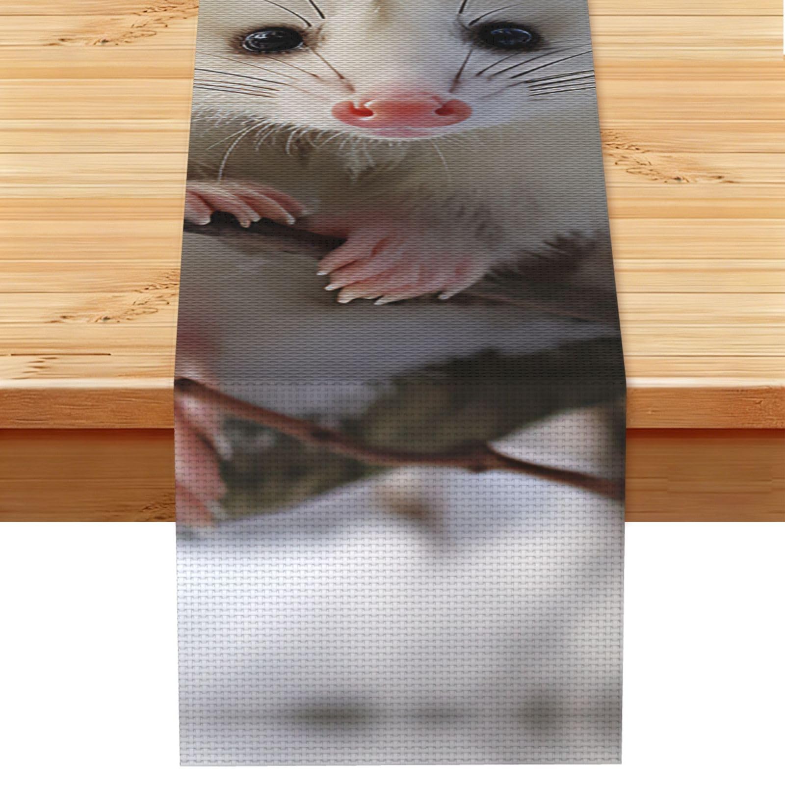 Opossum in Snow Table Runner 13x72 Inch Cotton Linen Table Linen Washable Farmhouse Tablecloth Modern Abstract Art Kitchen Dinning Table Decoration for Home Party Decor