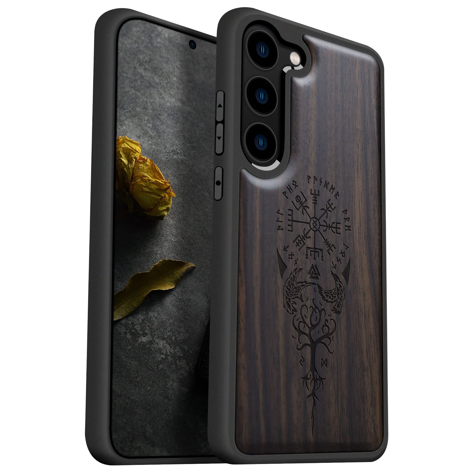 CarveitWood Case for Galaxy S23 Plus Case 2023 [Natural Wood & Black Soft TPU] Shockproof Protective Cover Unique & Classy Wooden Case Compatible with S23 Plus Case (Viking Compass-Darkwood)