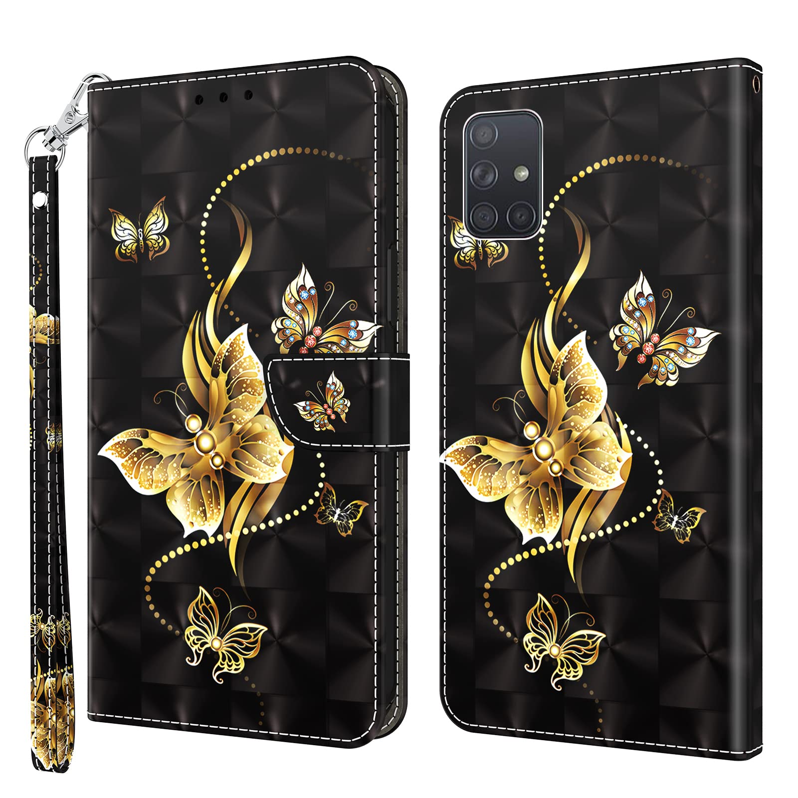 GLANDOTU Case for Samsung Galaxy A03S 6.5 inch,Magnetic PU Leather Wallet Flip Cover with [Shockproof Protective TPU][Standing Function][Card Holders] for Samsung Galaxy A03S 6.5 inch,Gold butterfly