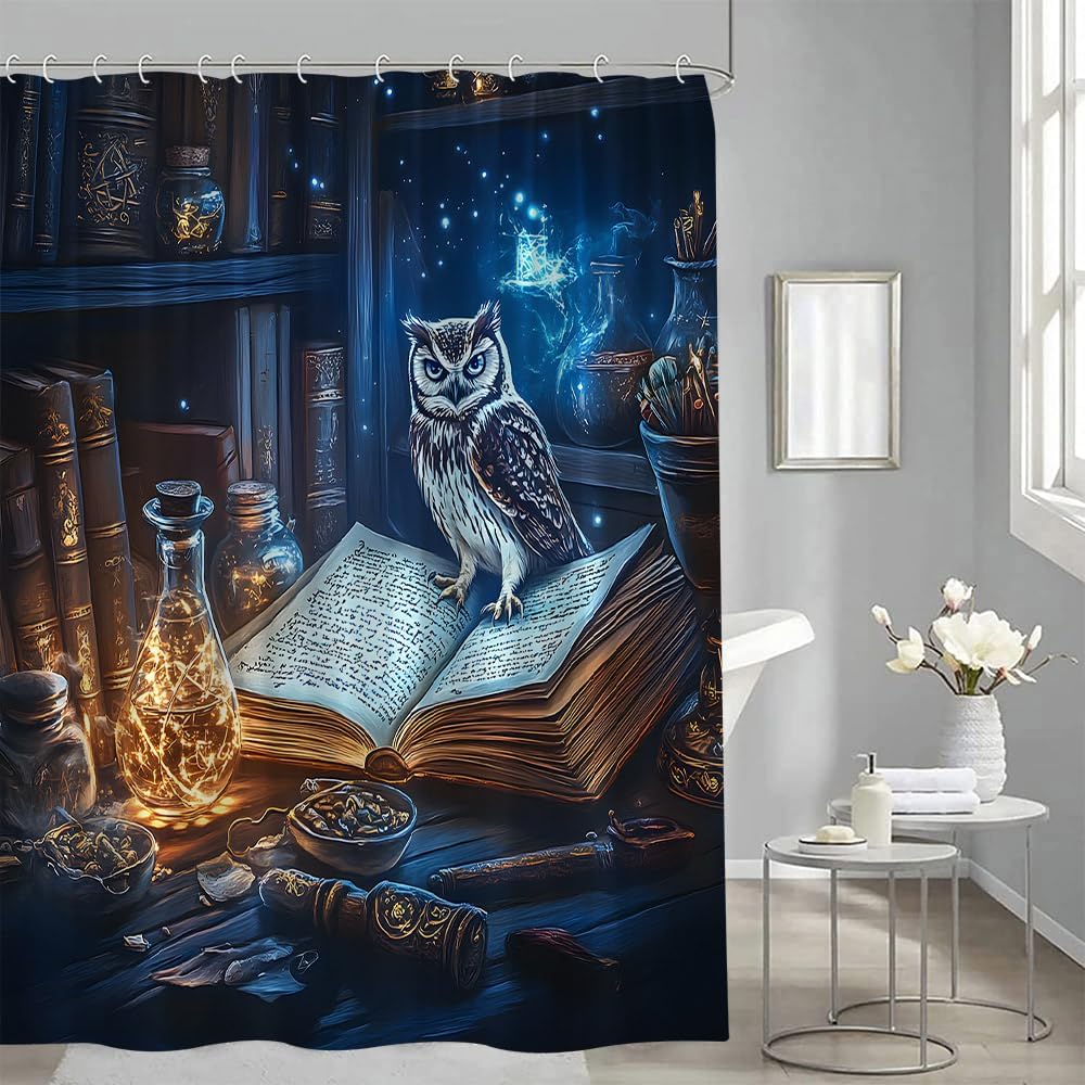 Funny Owl Shower Curtain Fantasy Birds Magical Wild Animal Blue Halloween Wooden Bookshelf Gothic Vintage Library Bathroom Decor Curtains 94x70 inch with Hook